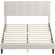 Queen Bed Frame with Velvet Headboard, Wood Slats, 1100 lbs, Cream-DECOROLALA
