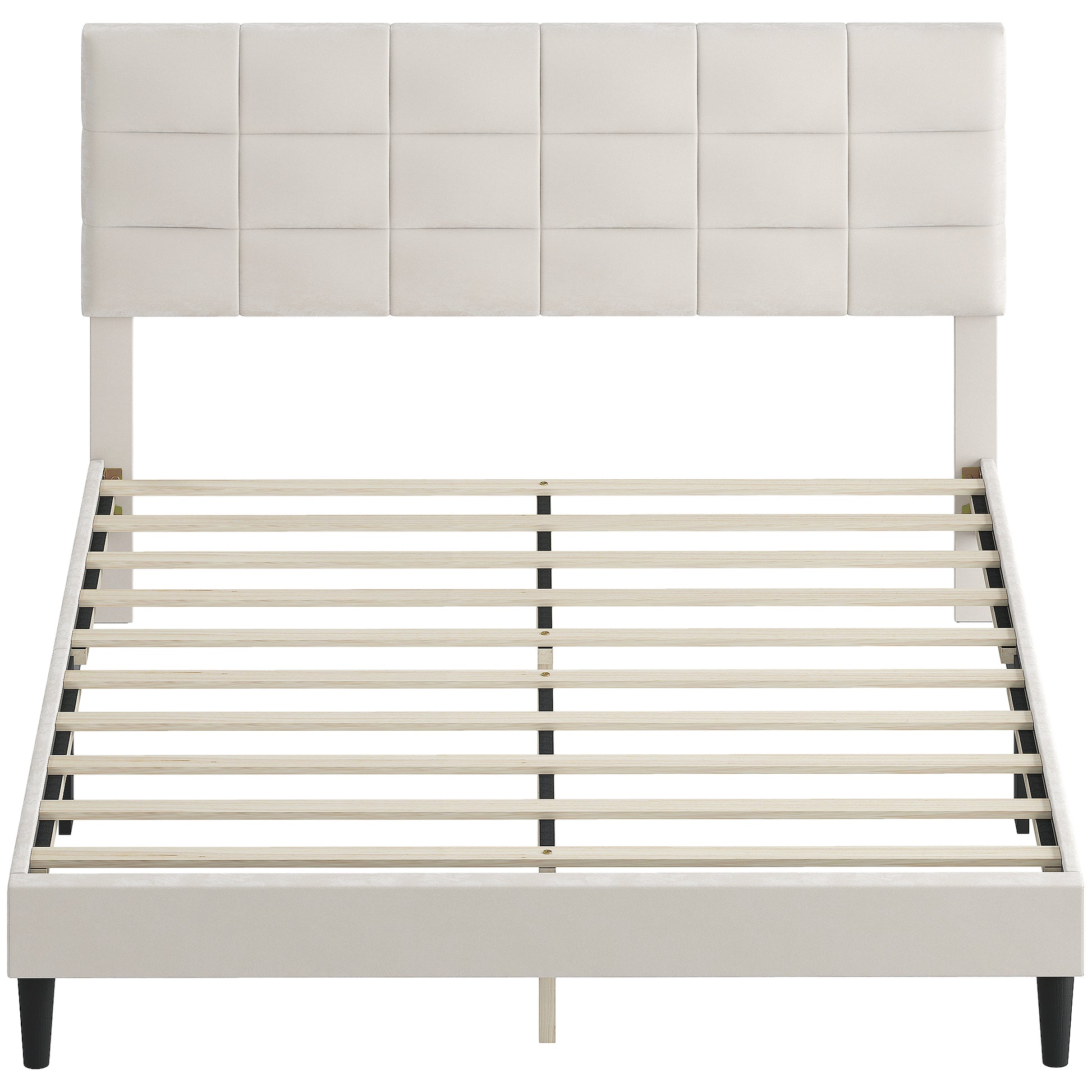 Queen Bed Frame with Velvet Headboard, Wood Slats, 1100 lbs, Cream-DECOROLALA
