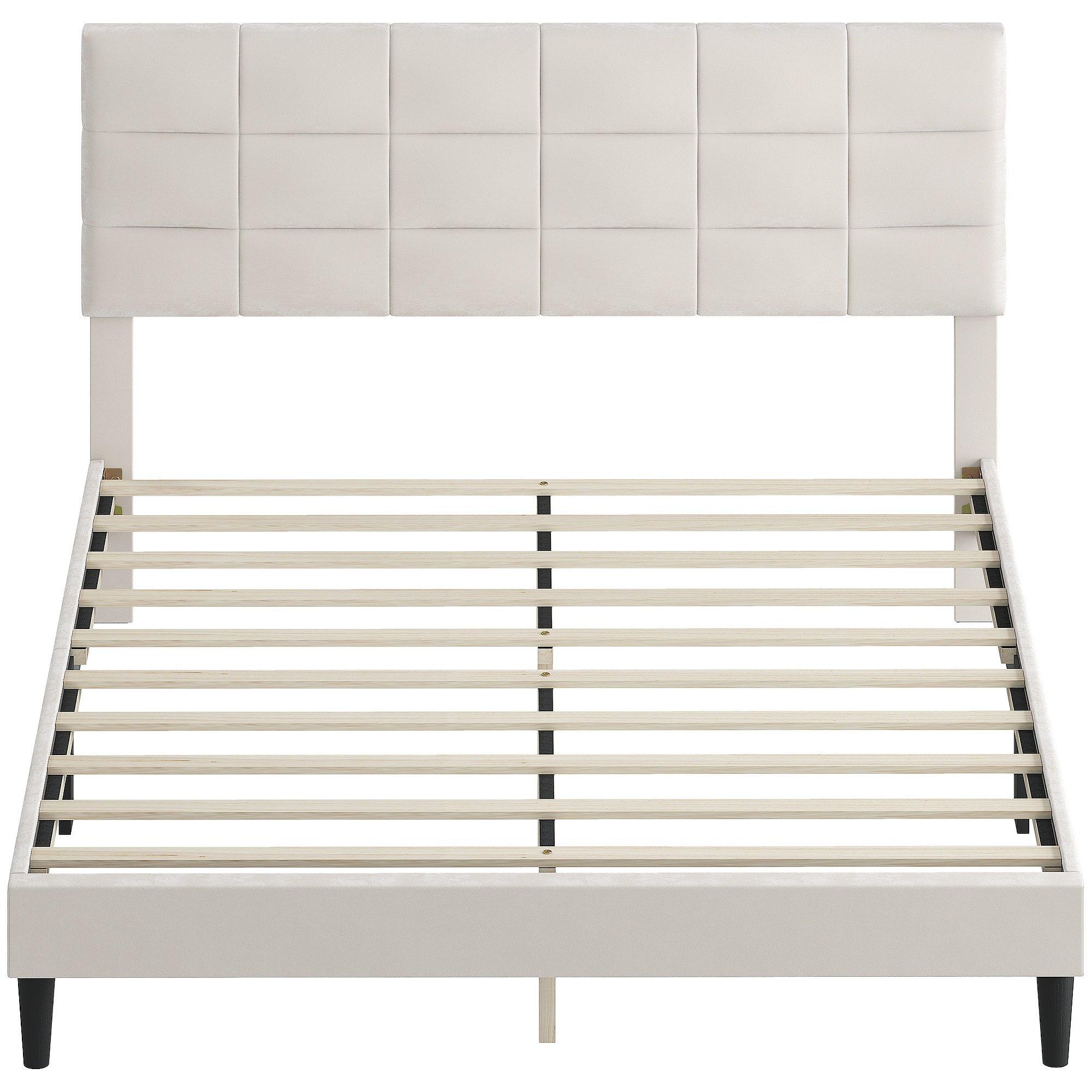 Queen Bed Frame with Velvet Headboard, Wood Slats, 1100 lbs, Cream-DECOROLALA