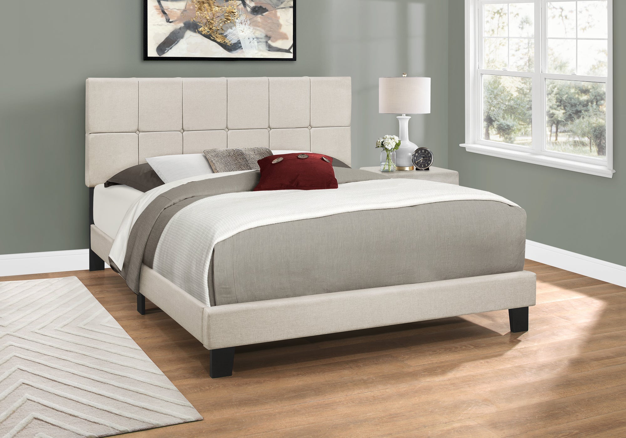 Queen Platform Bed Frame, Beige Linen Upholstered-Bed-DECOROLALA
