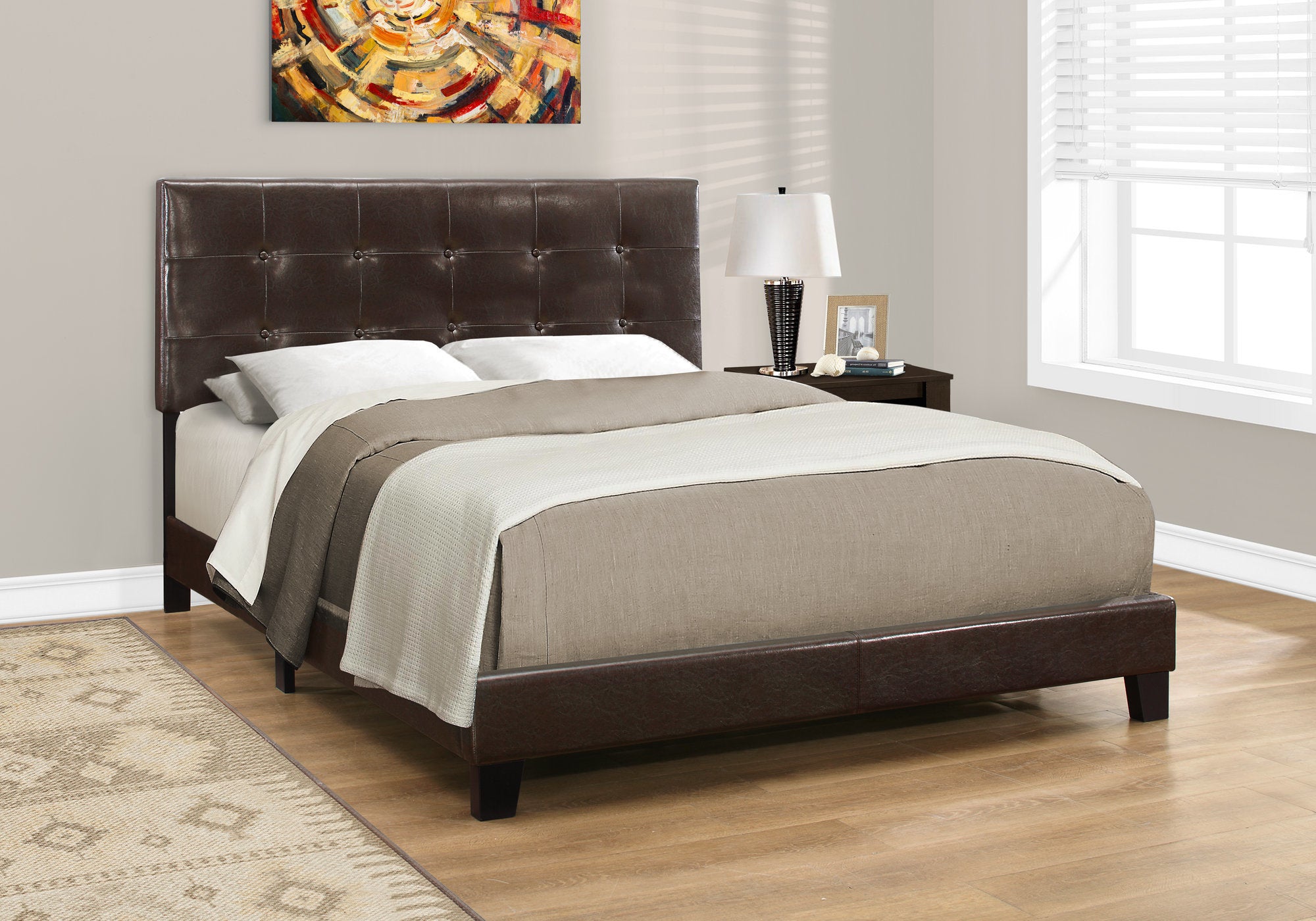 Queen Platform Bed Frame with Grey Linen Upholstery-Bed-DECOROLALA