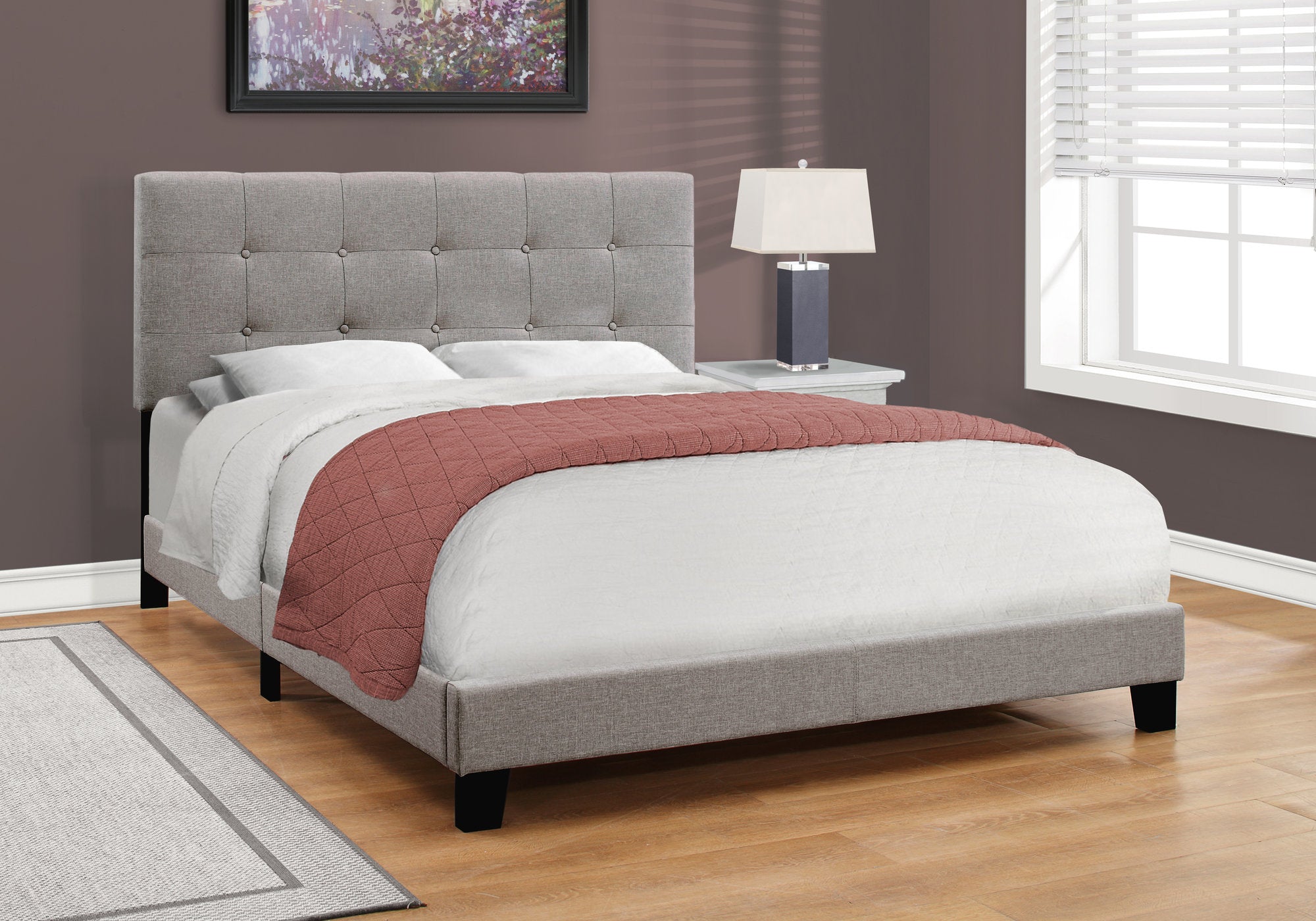 Queen Platform Bed Frame with Grey Linen Upholstery-Bed-DECOROLALA