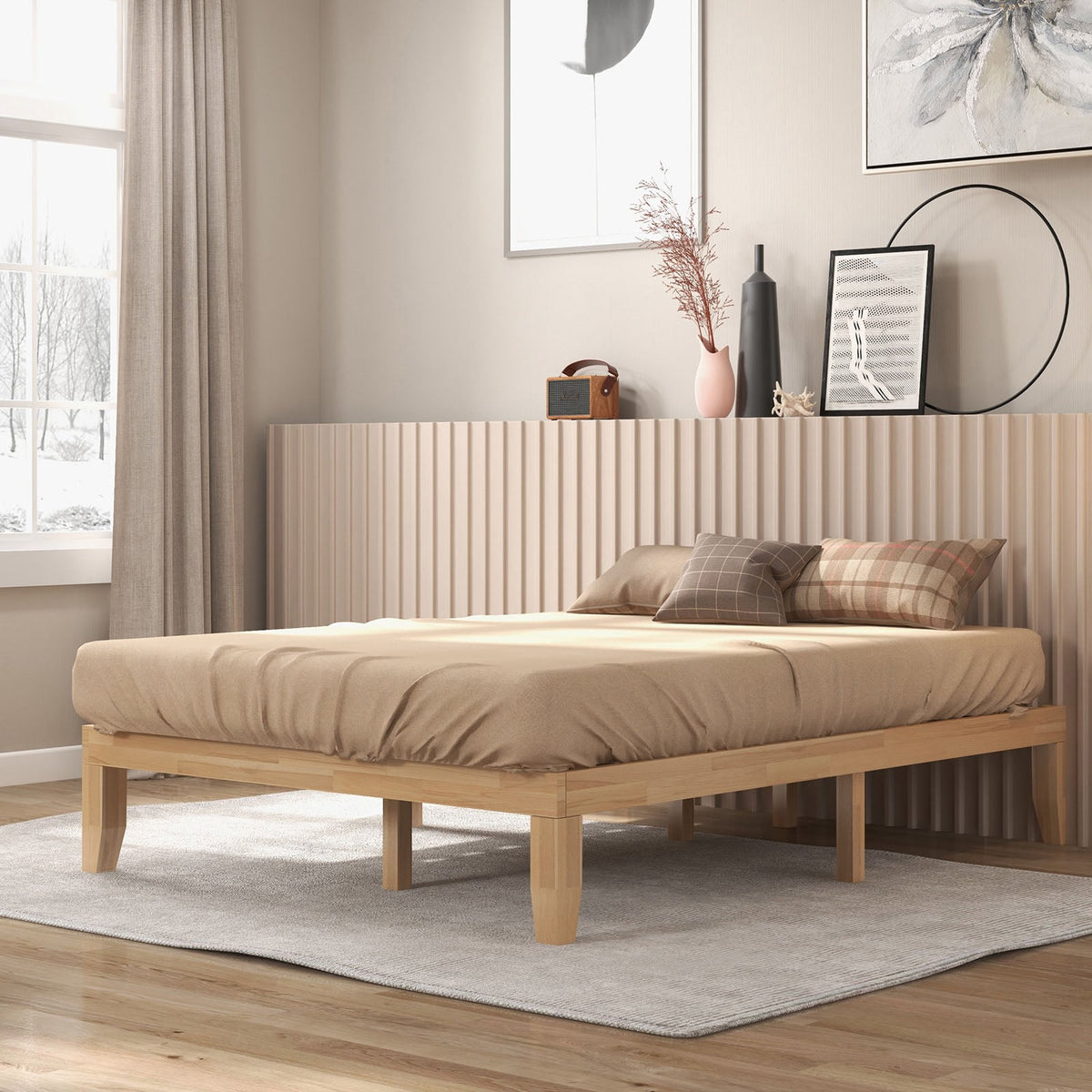 Queen Size 14 Inch Wooden Bed Mattress Frame-Natural-Simple Bed Frame-DECOROLALA