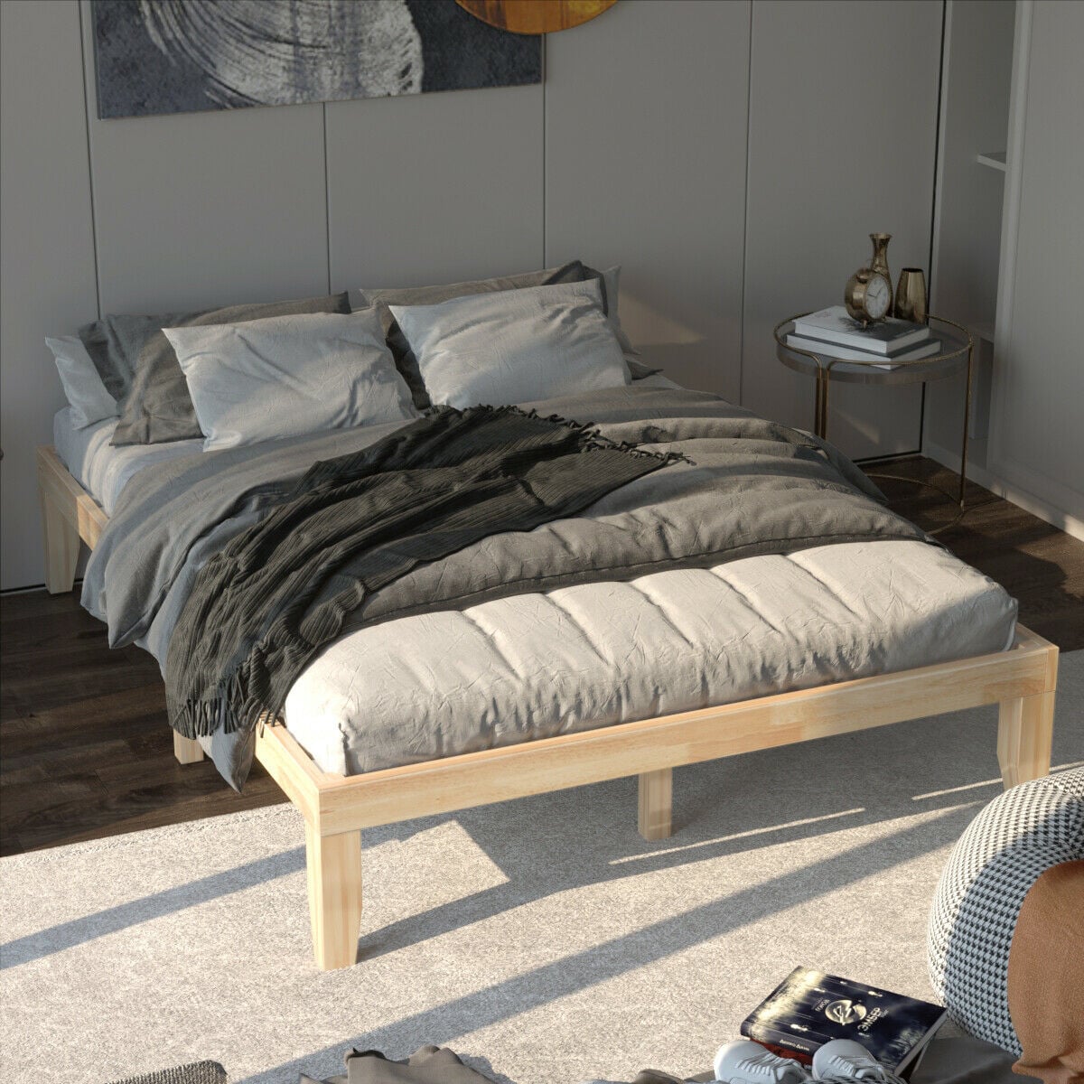 Queen Size 14 Inch Wooden Bed Mattress Frame-Natural-Simple Bed Frame-DECOROLALA