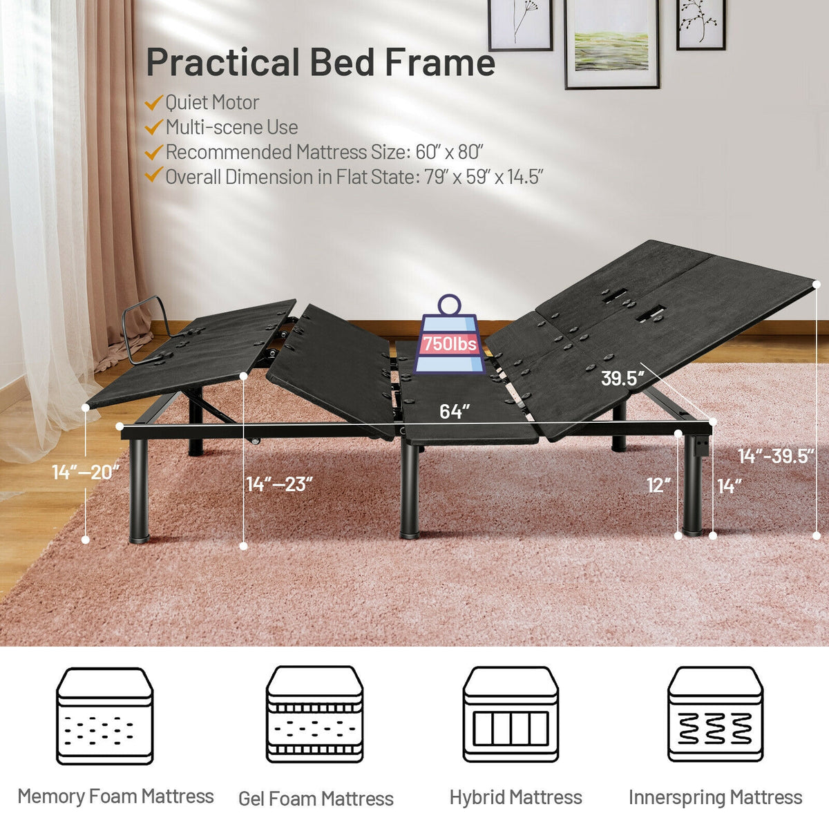 Queen Size Adjustable Bed Base with Head and Foot Incline-Simple Bed Frame-DECOROLALA