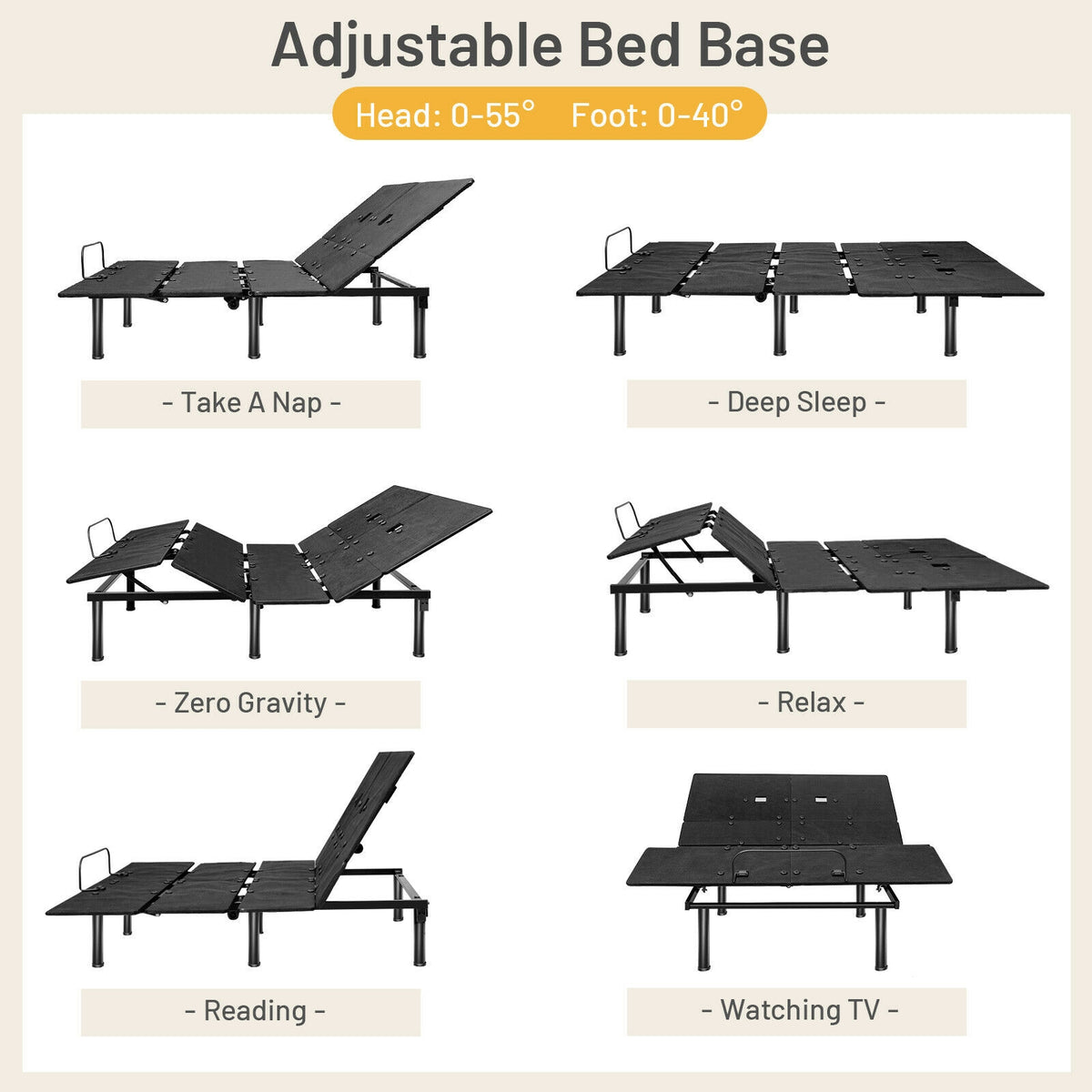 Queen Size Adjustable Bed Base with Head and Foot Incline-Simple Bed Frame-DECOROLALA