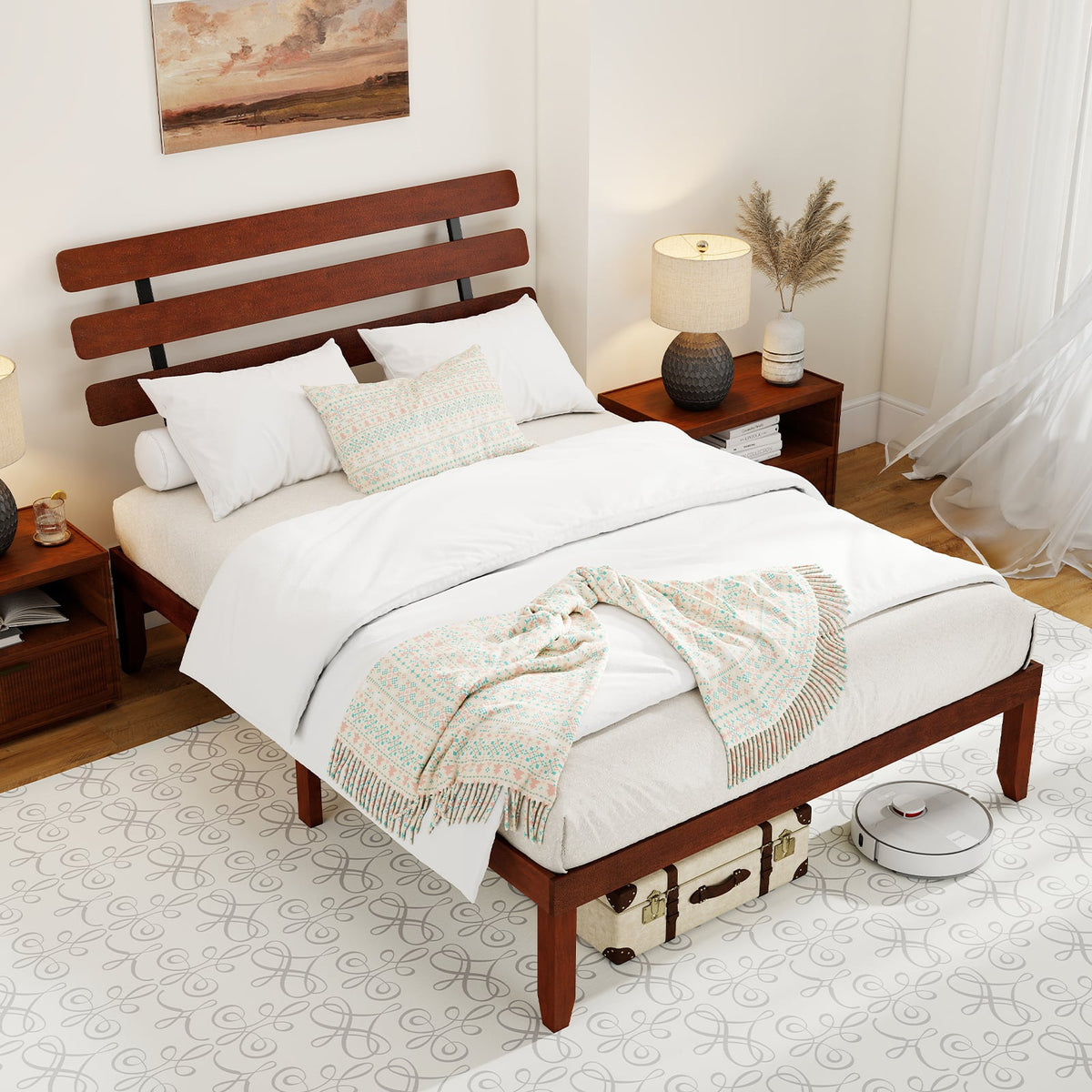 Queen Size Bed Frame 15.5 Inch Solid Wood Platform Bed with Retro Headboard-Simple Bed Frame-DECOROLALA
