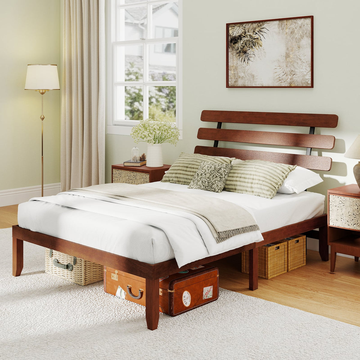 Queen Size Bed Frame 15.5 Inch Solid Wood Platform Bed with Retro Headboard-Simple Bed Frame-DECOROLALA