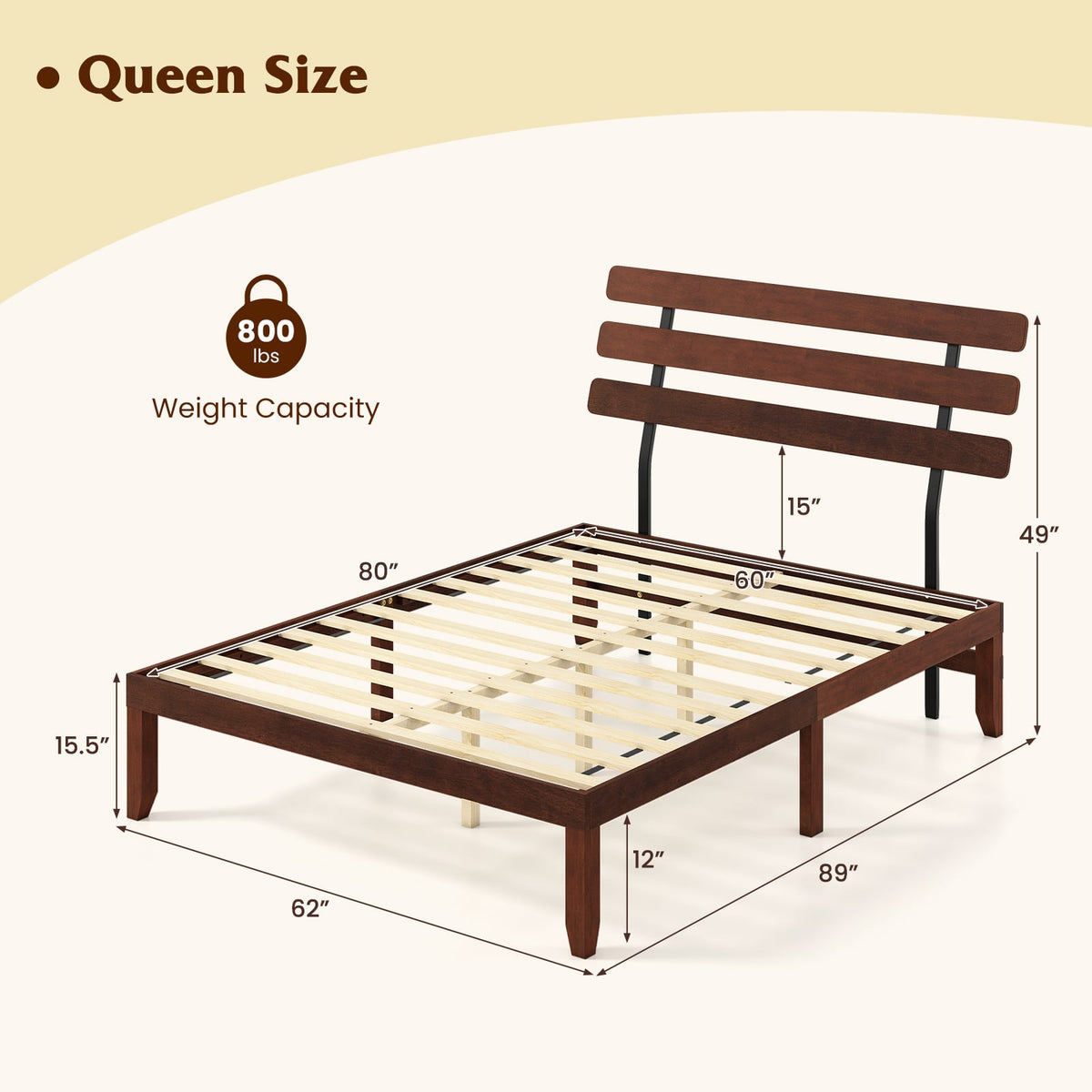 Queen Size Bed Frame 15.5 Inch Solid Wood Platform Bed with Retro Headboard-Simple Bed Frame-DECOROLALA