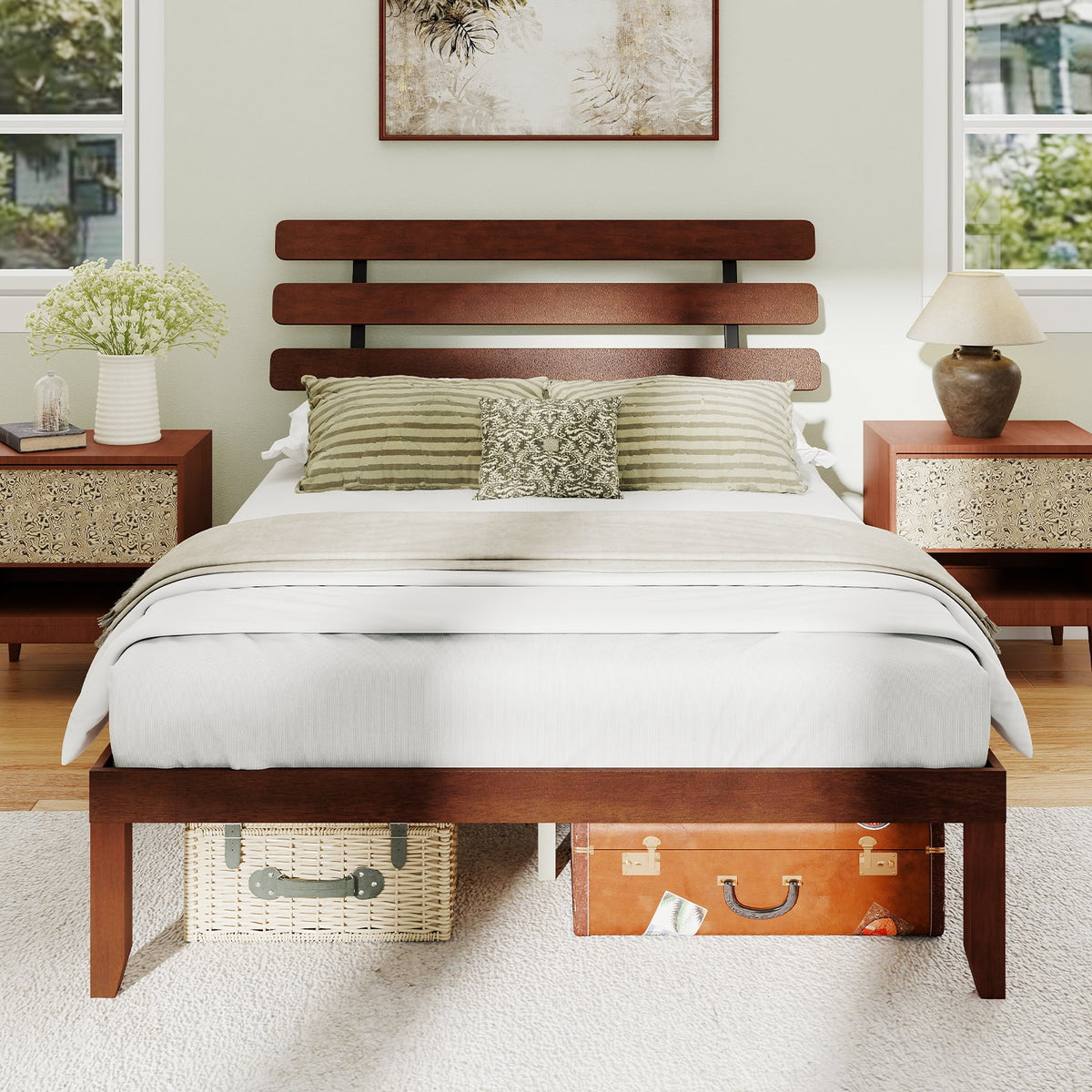 Queen Size Bed Frame 15.5 Inch Solid Wood Platform Bed with Retro Headboard-Simple Bed Frame-DECOROLALA
