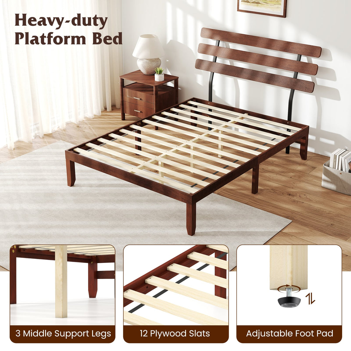 Queen Size Bed Frame 15.5 Inch Solid Wood Platform Bed with Retro Headboard-Simple Bed Frame-DECOROLALA