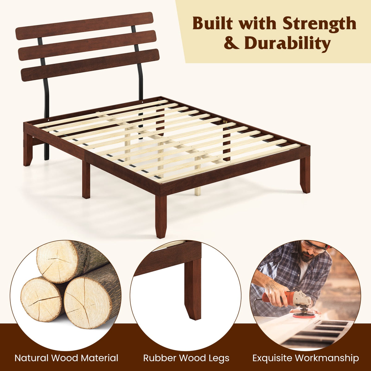 Queen Size Bed Frame 15.5 Inch Solid Wood Platform Bed with Retro Headboard-Simple Bed Frame-DECOROLALA