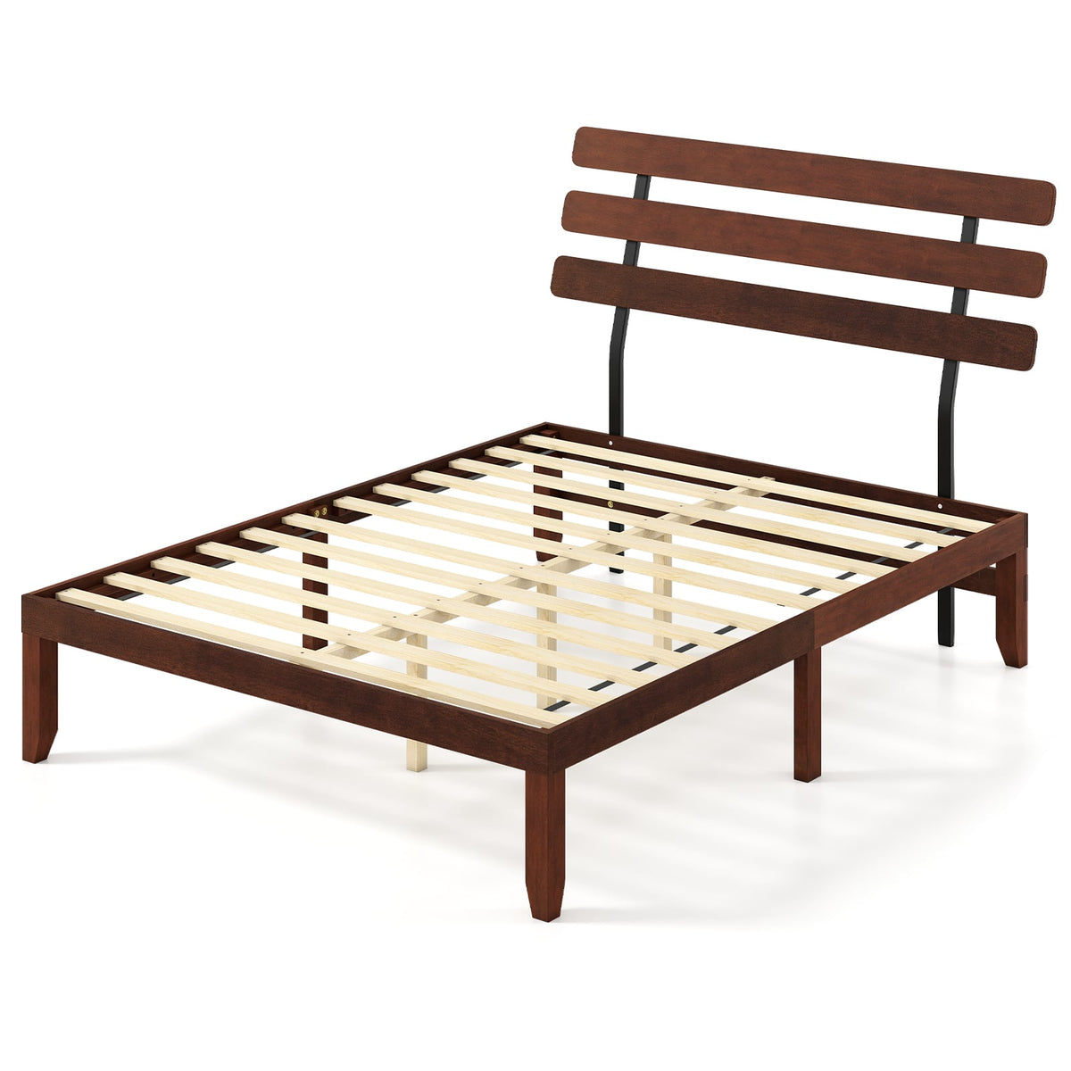 Queen Size Bed Frame 15.5 Inch Solid Wood Platform Bed with Retro Headboard-Simple Bed Frame-DECOROLALA