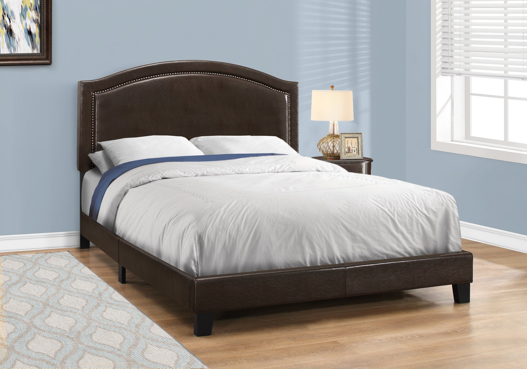 Queen Size Bed Frame Grey Linen Chrome Nailhead-Bed-DECOROLALA