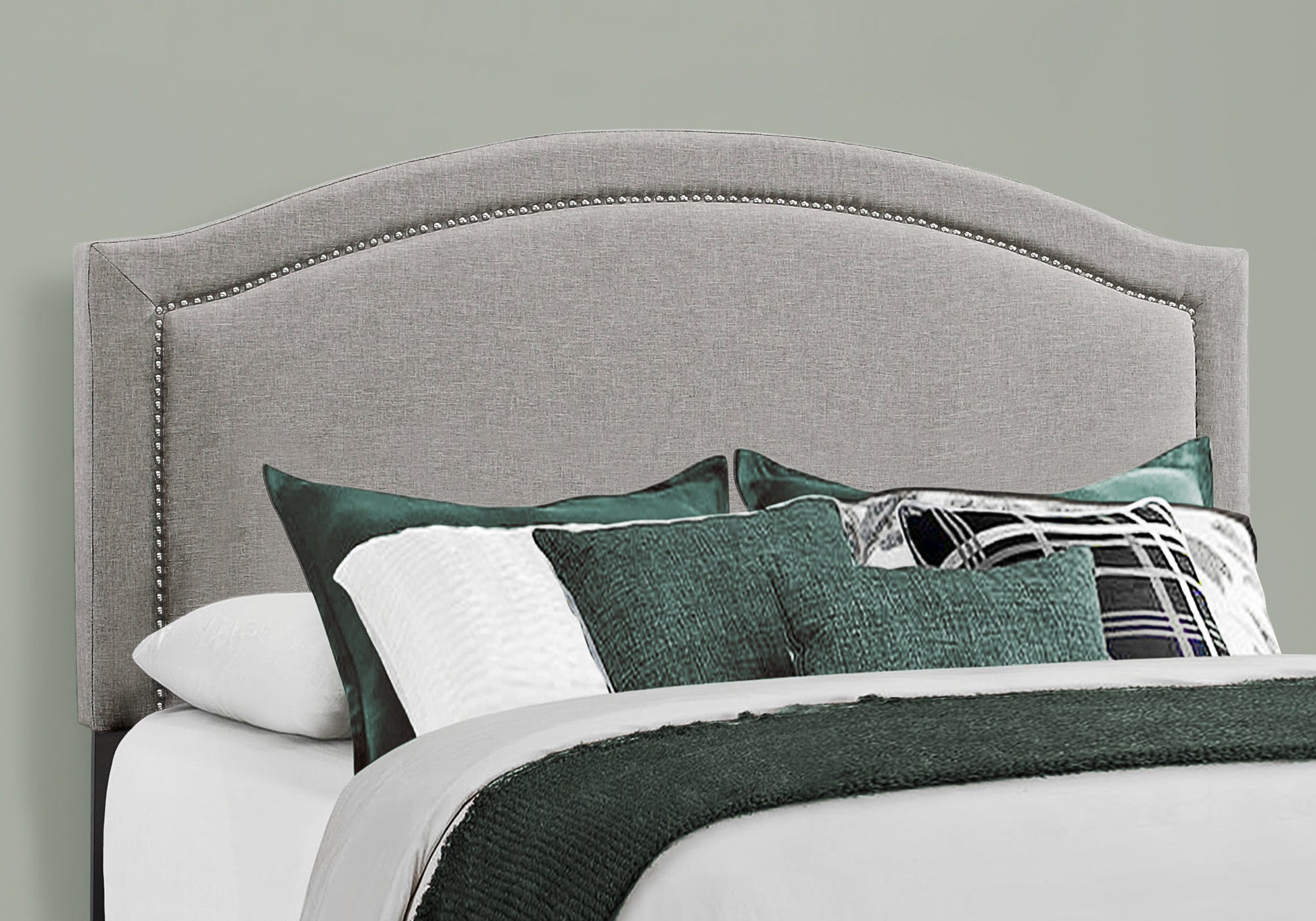 Queen Size Bed Frame Grey Linen Chrome Nailhead-Bed-DECOROLALA