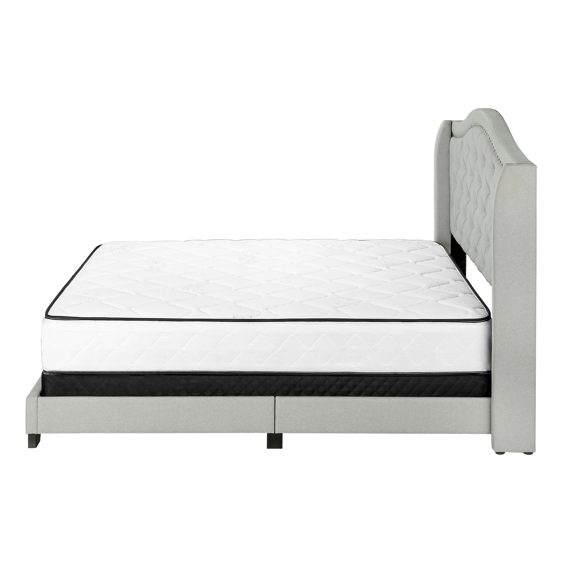 Queen Size Bed Frame Grey Linen Chrome Nailhead Trim-Bed-DECOROLALA
