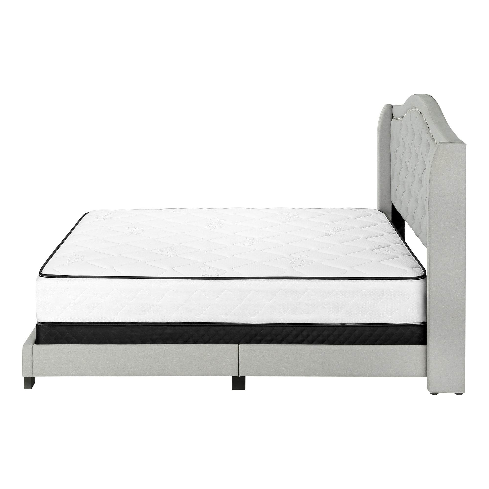 Queen Size Bed Frame Grey Linen Chrome Nailhead Trim-Bed-DECOROLALA