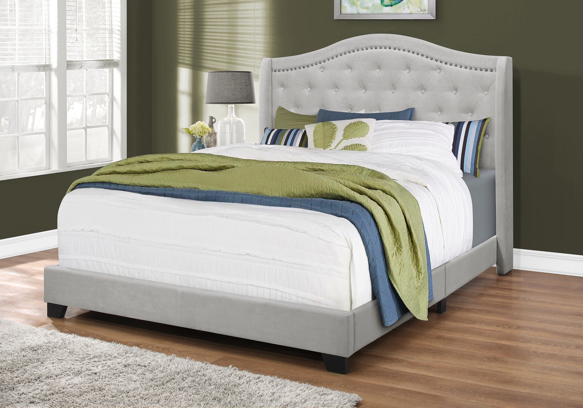 Queen Size Bed Frame Grey Linen Chrome Nailhead Trim-Bed-DECOROLALA