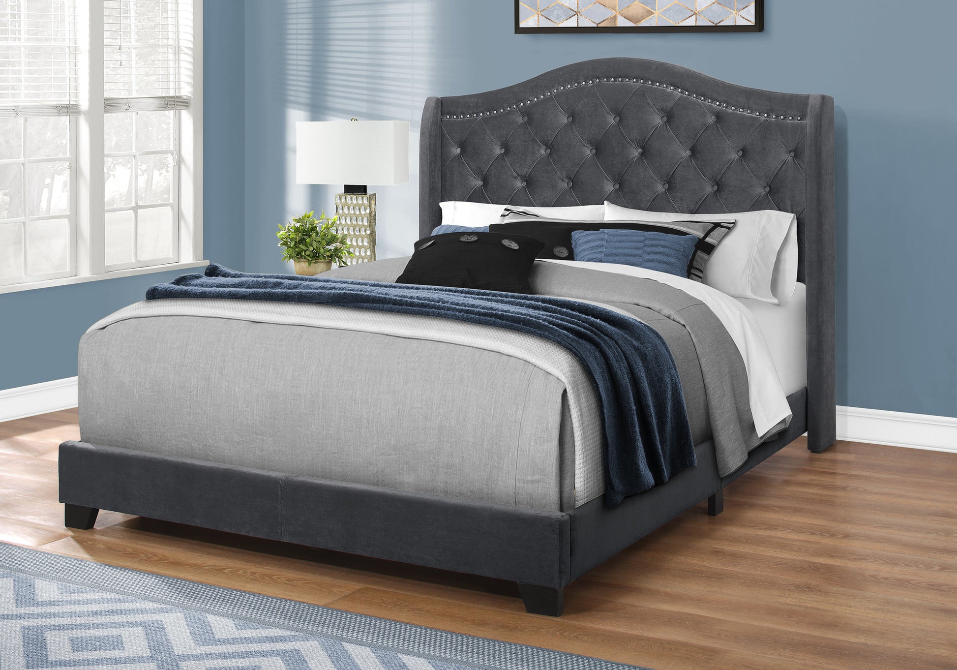 Queen Size Bed Frame Grey Linen Chrome Nailhead Trim-Bed-DECOROLALA