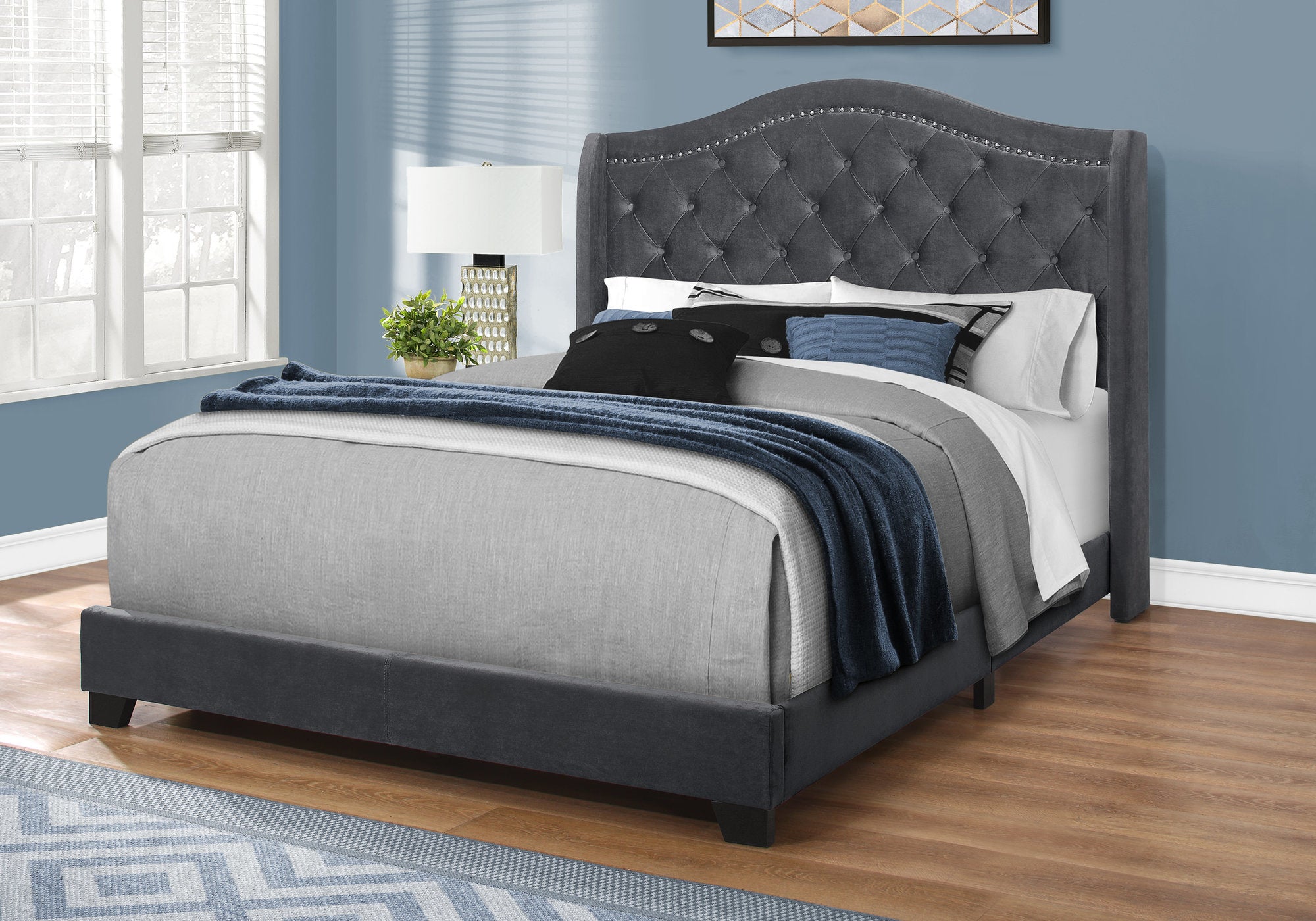Queen Size Bed Frame Grey Linen Chrome Nailhead Trim-Bed-DECOROLALA