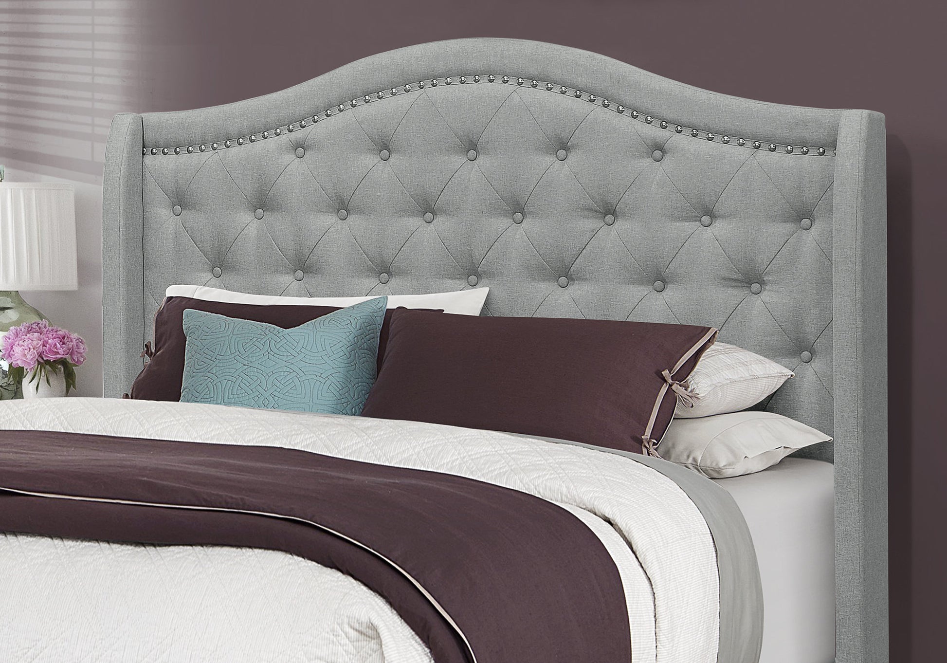 Queen Size Bed Frame Grey Linen Chrome Nailhead Trim-Bed-DECOROLALA