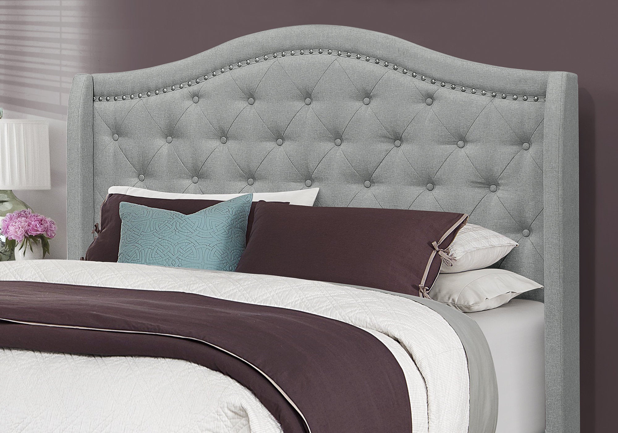 Queen Size Bed Frame Grey Linen Chrome Nailhead Trim-Bed-DECOROLALA