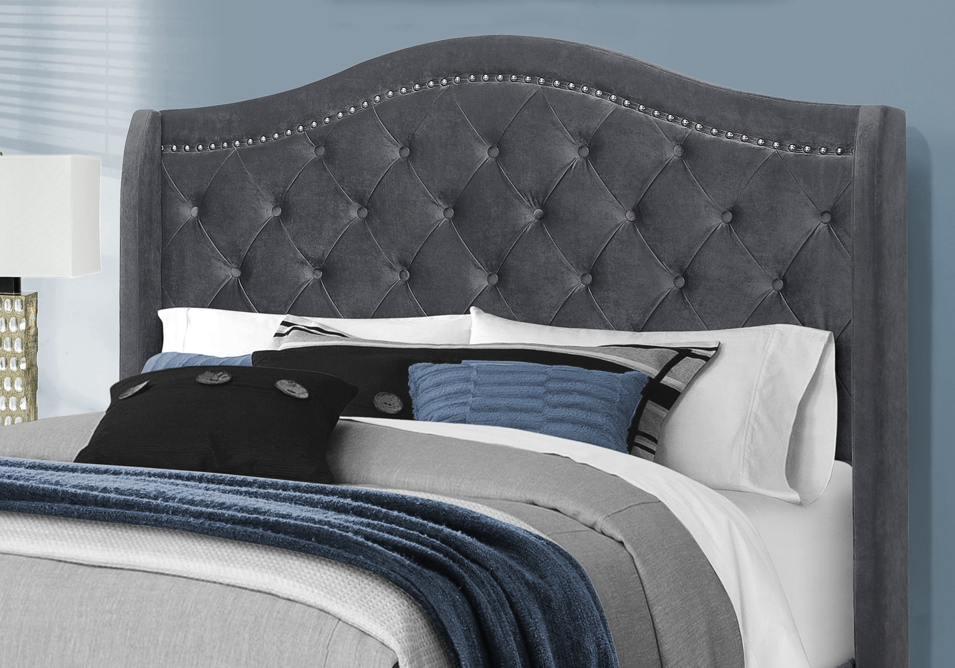 Queen Size Bed Frame Grey Linen Chrome Nailhead Trim-Bed-DECOROLALA