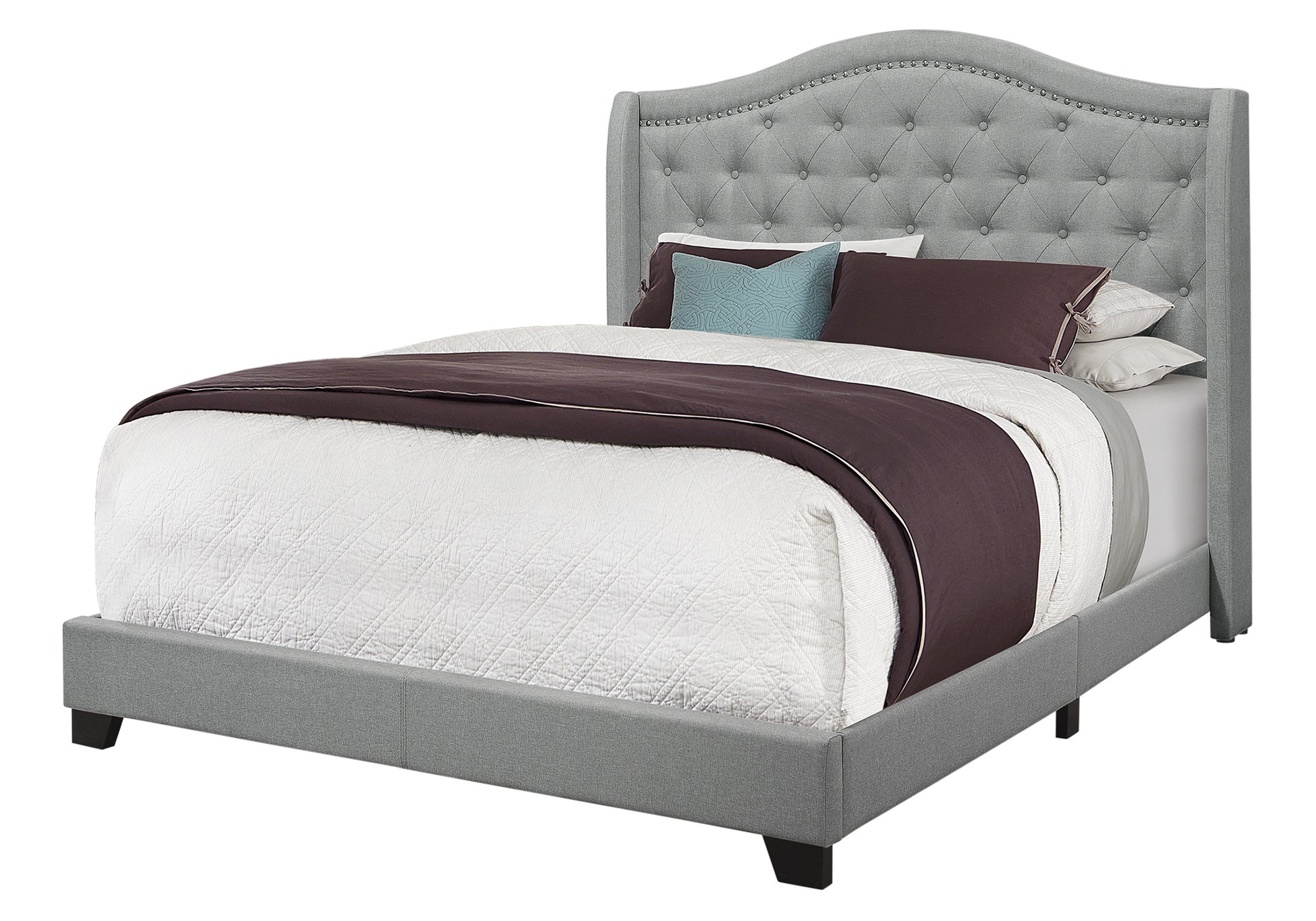 Queen Size Bed Frame Grey Linen Chrome Nailhead Trim-Bed-DECOROLALA