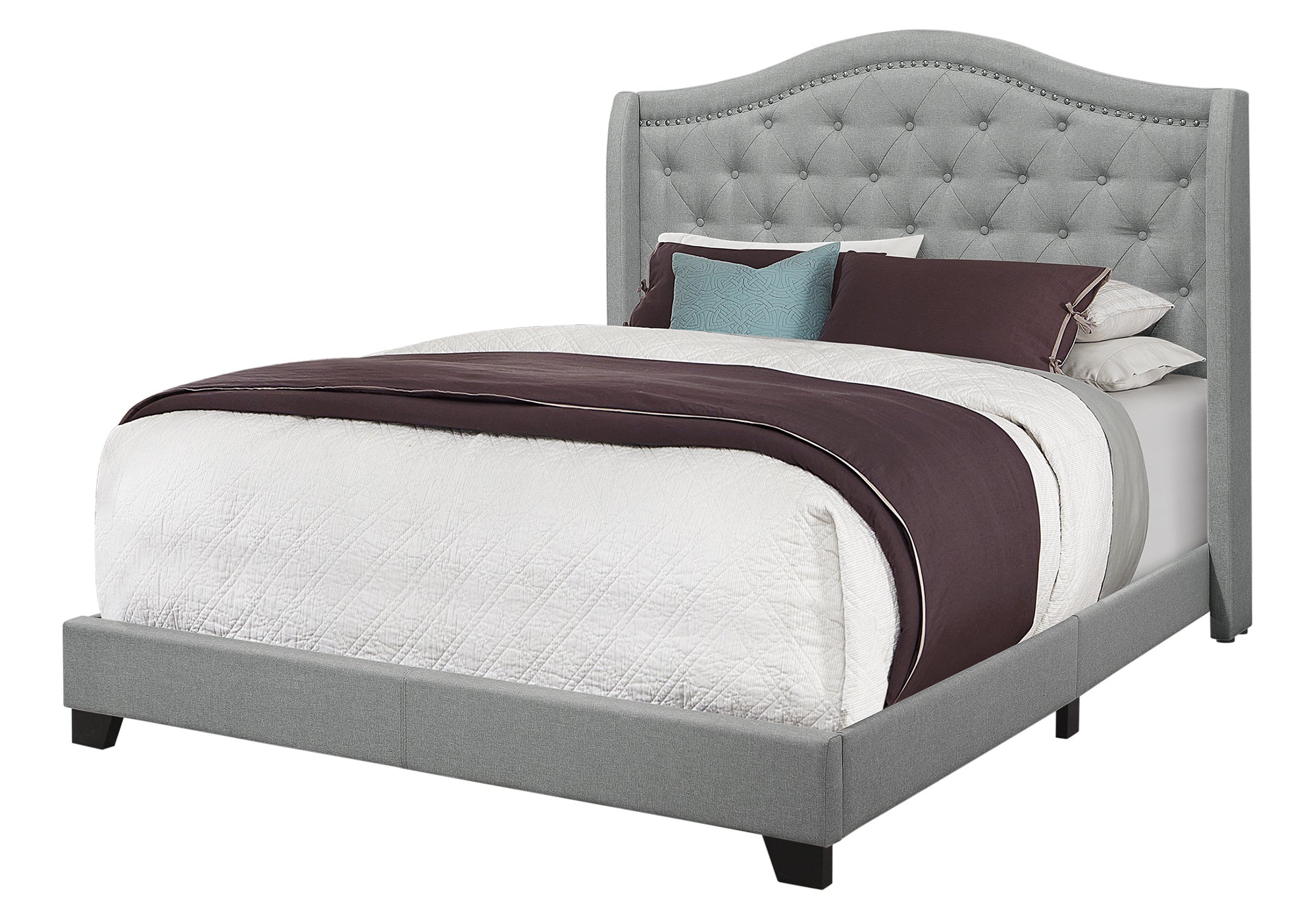 Queen Size Bed Frame Grey Linen Chrome Nailhead Trim-Bed-DECOROLALA