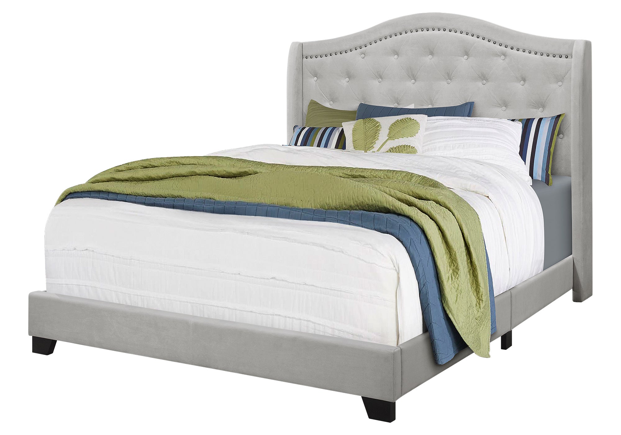 Queen Size Bed Frame Grey Linen Chrome Nailhead Trim-Bed-DECOROLALA