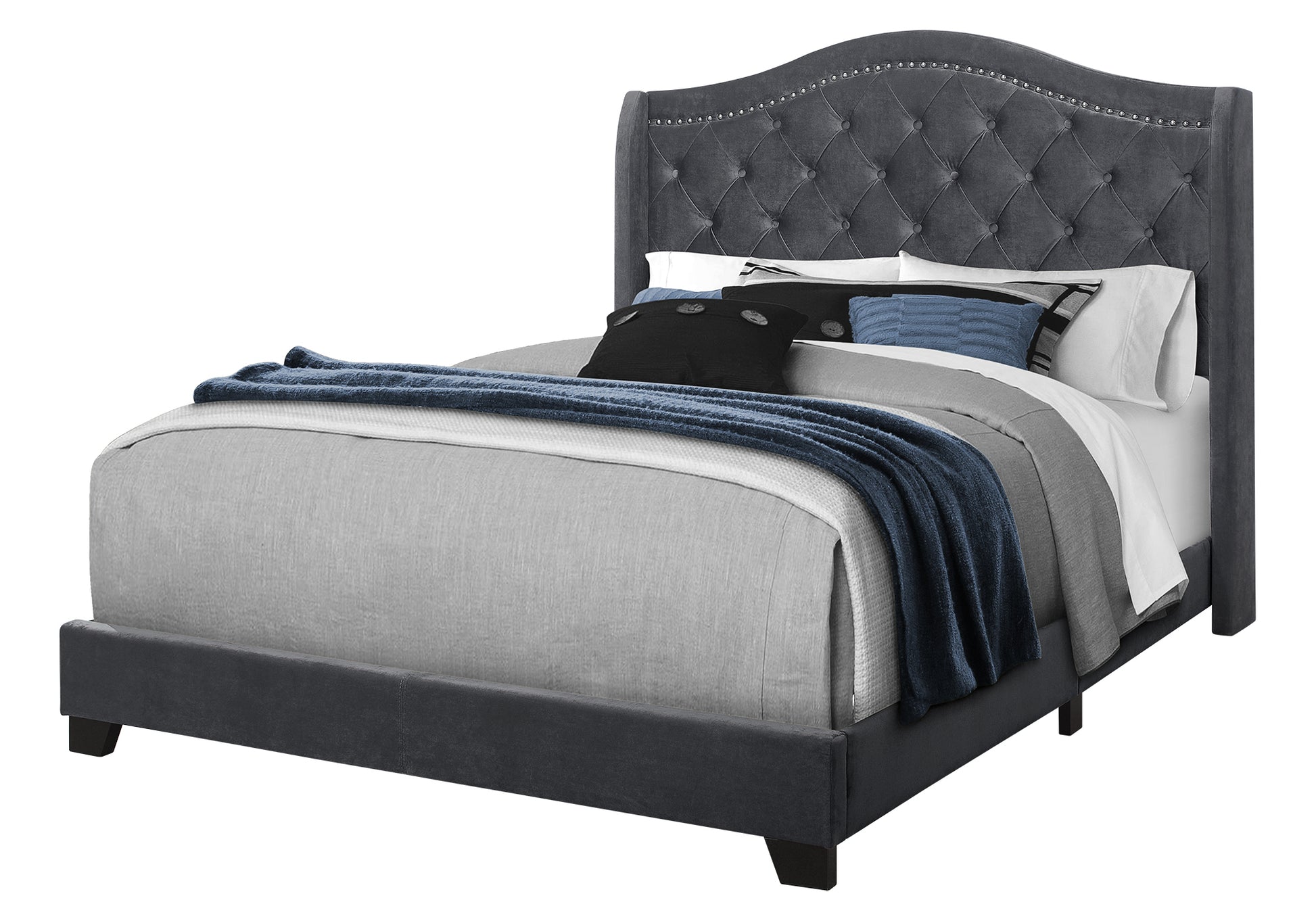 Queen Size Bed Frame Grey Linen Chrome Nailhead Trim-Bed-DECOROLALA