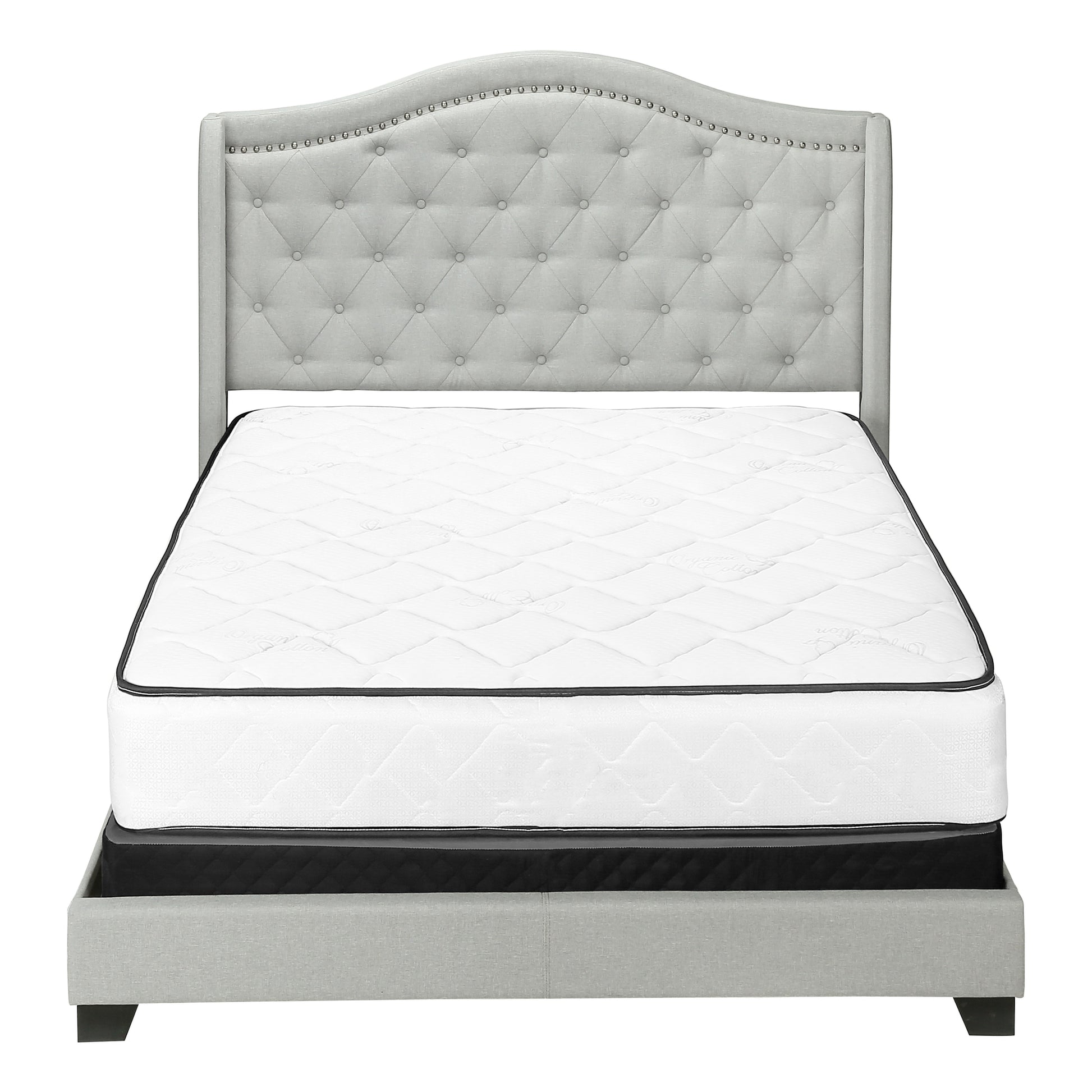 Queen Size Bed Frame Grey Linen Chrome Nailhead Trim-Bed-DECOROLALA