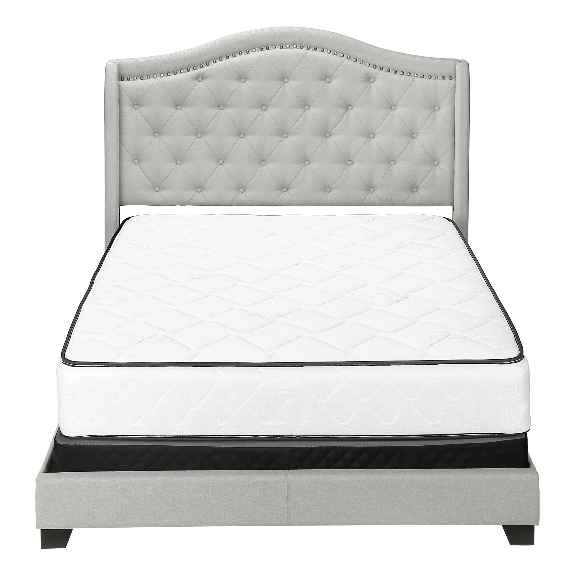 Queen Size Bed Frame Grey Linen Chrome Nailhead Trim-Bed-DECOROLALA