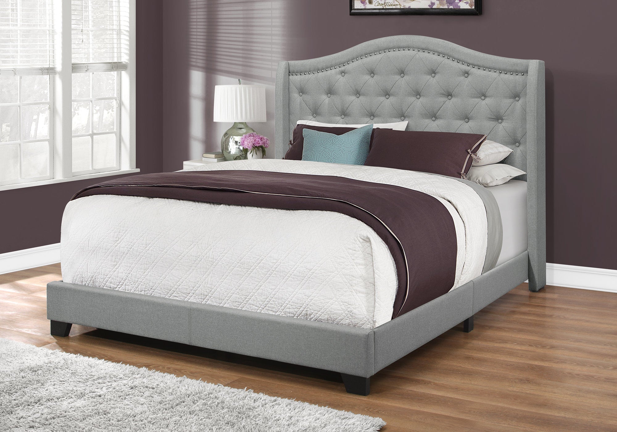 Queen Size Bed Frame Grey Linen Chrome Nailhead Trim-Bed-DECOROLALA