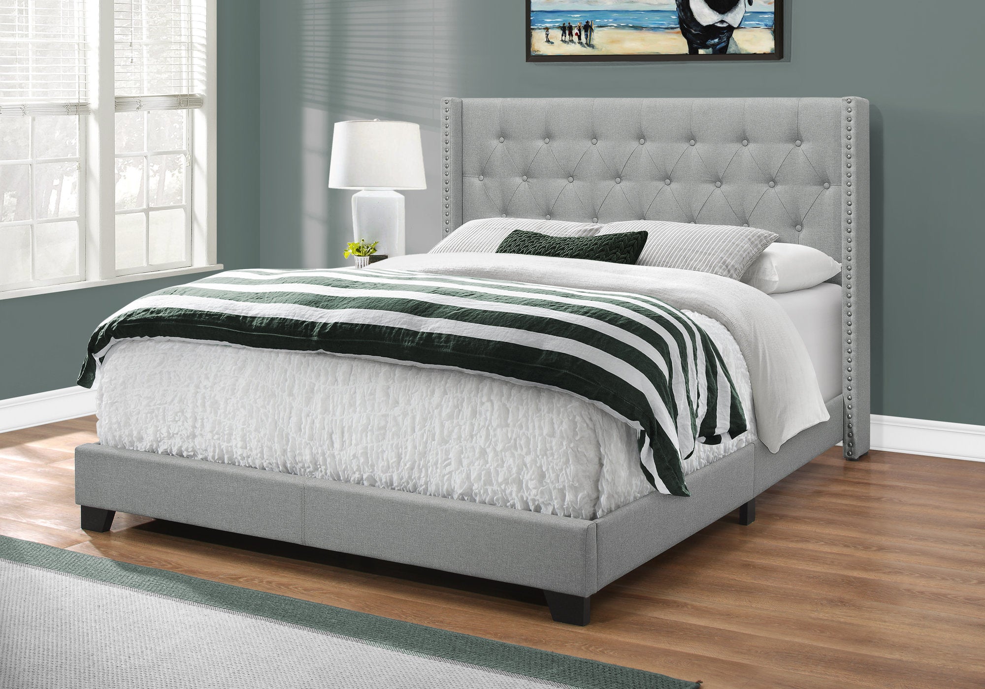 Queen Size Bed Frame Grey Linen Wingback Headboard-Bed-DECOROLALA
