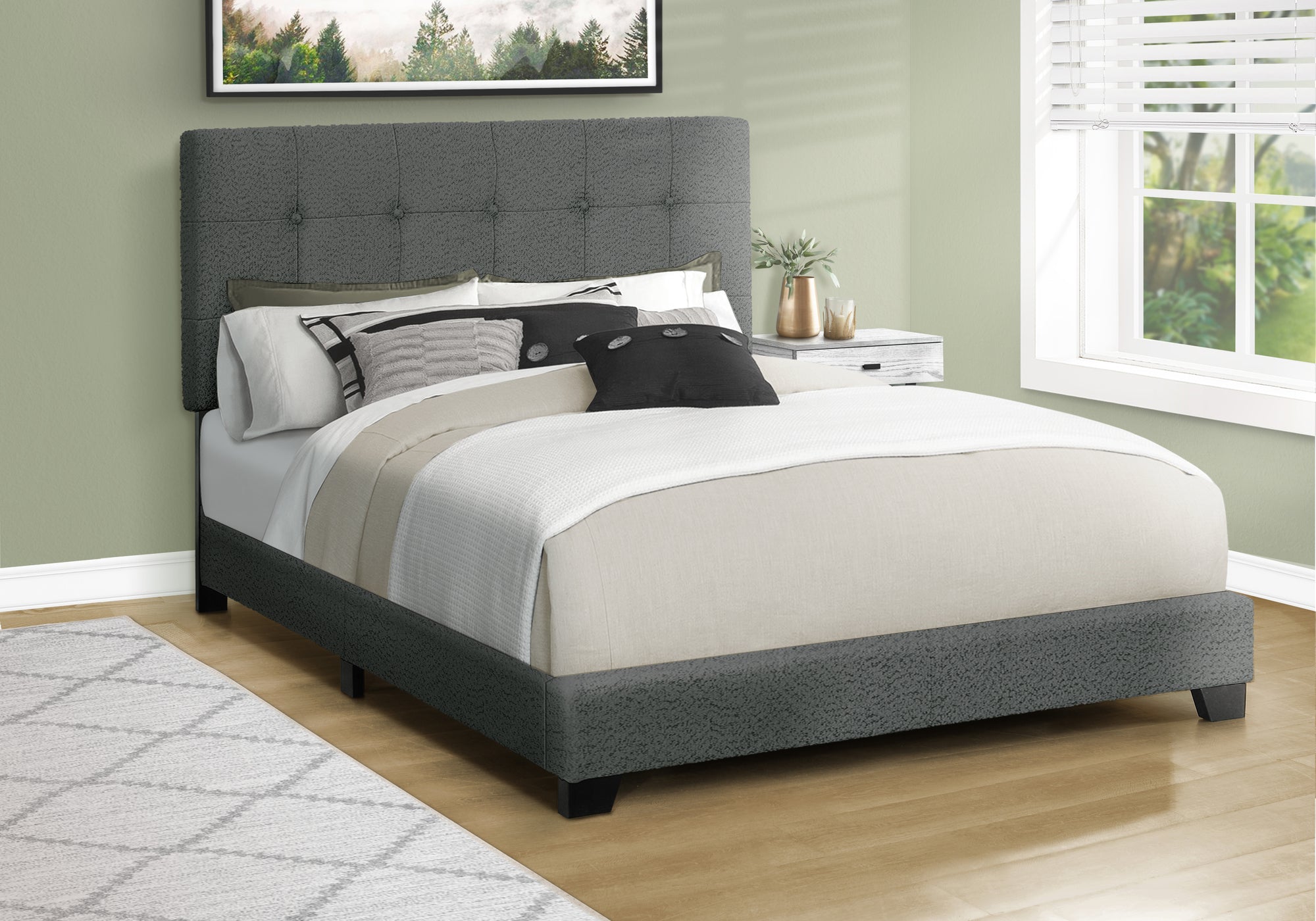 Queen Size Bed Frame, Light Grey Boucle Upholstered-Bed-DECOROLALA