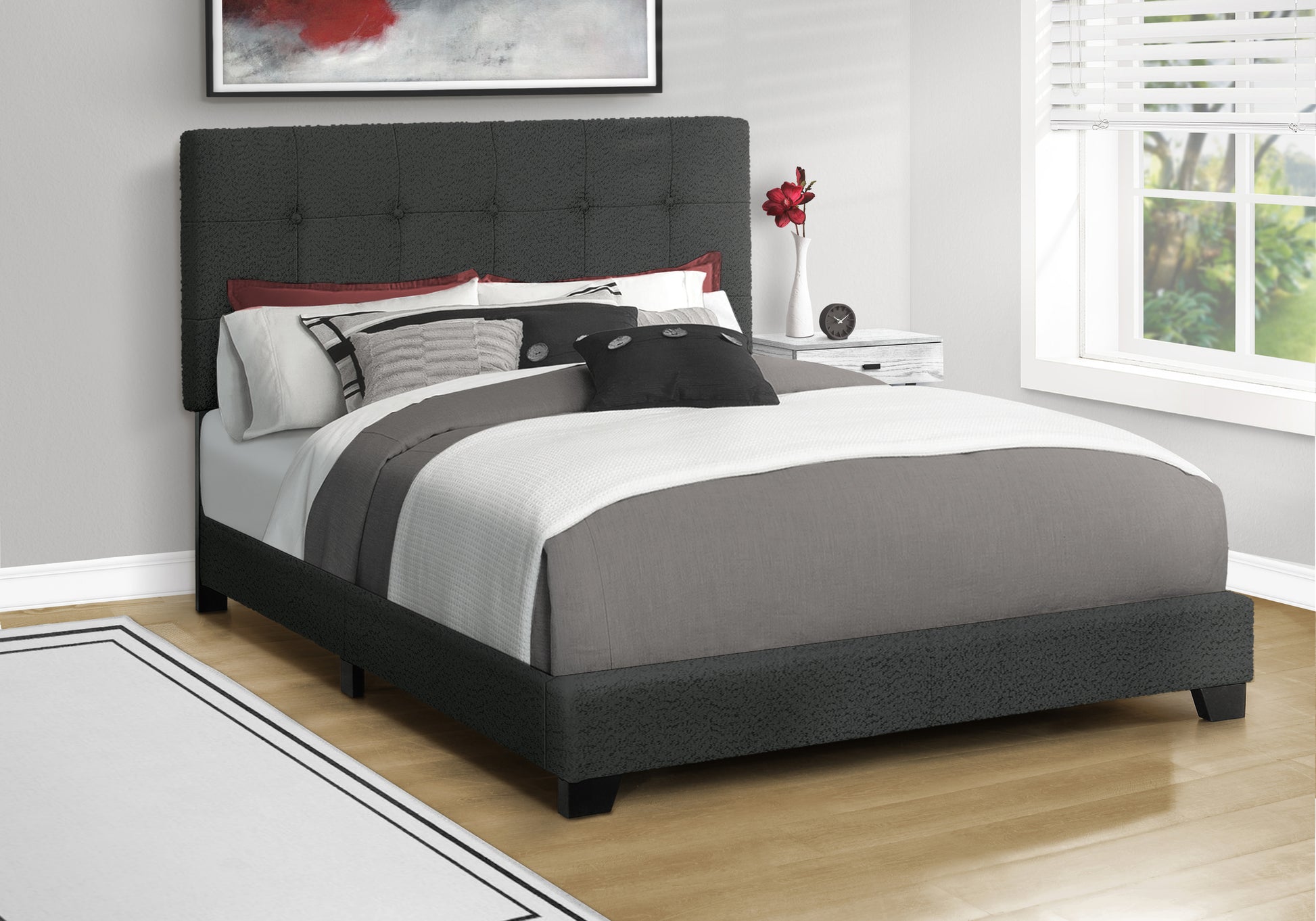 Queen Size Bed Frame, Light Grey Boucle Upholstered-Bed-DECOROLALA