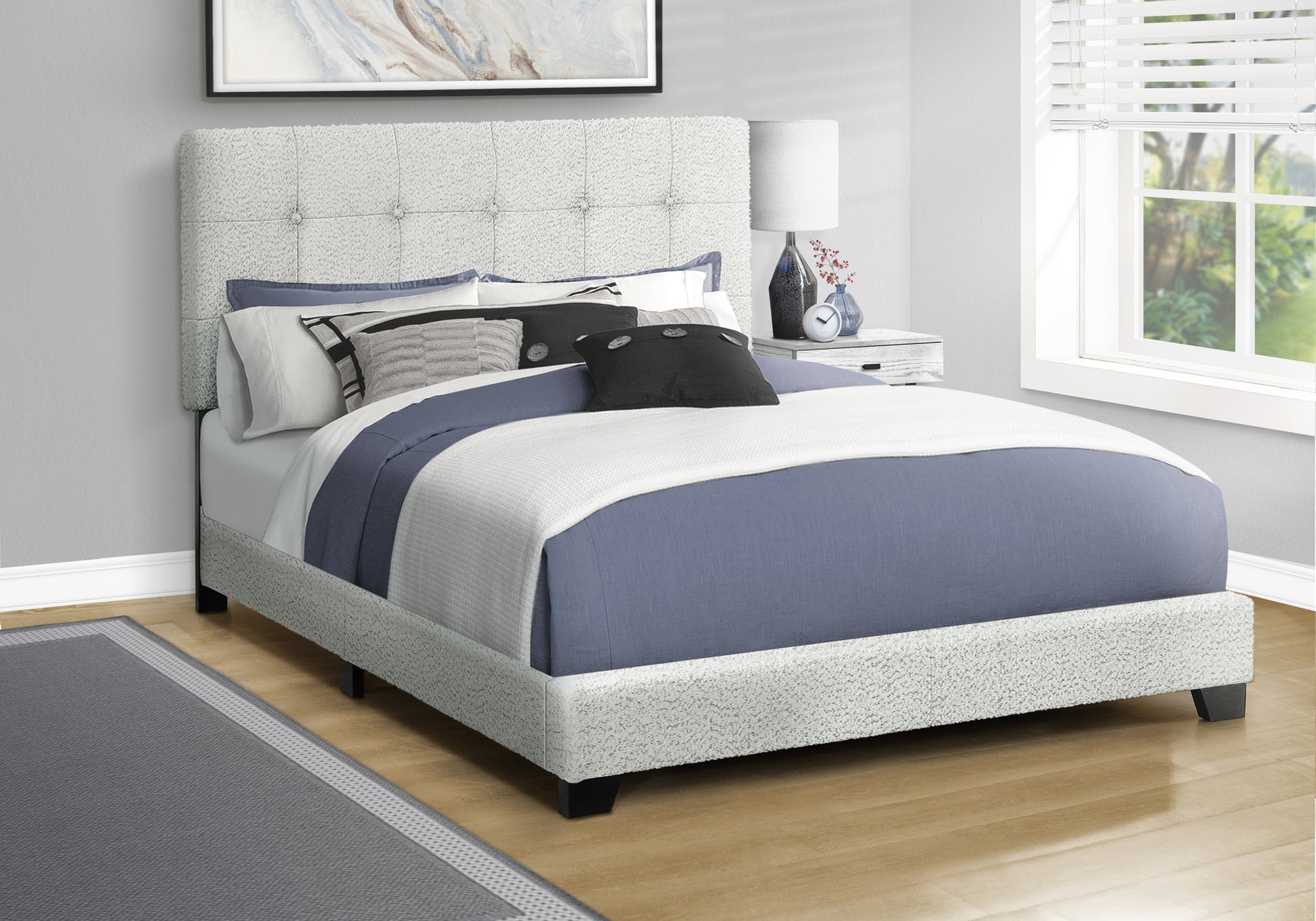 Queen Size Bed Frame, Light Grey Boucle Upholstered-Bed-DECOROLALA