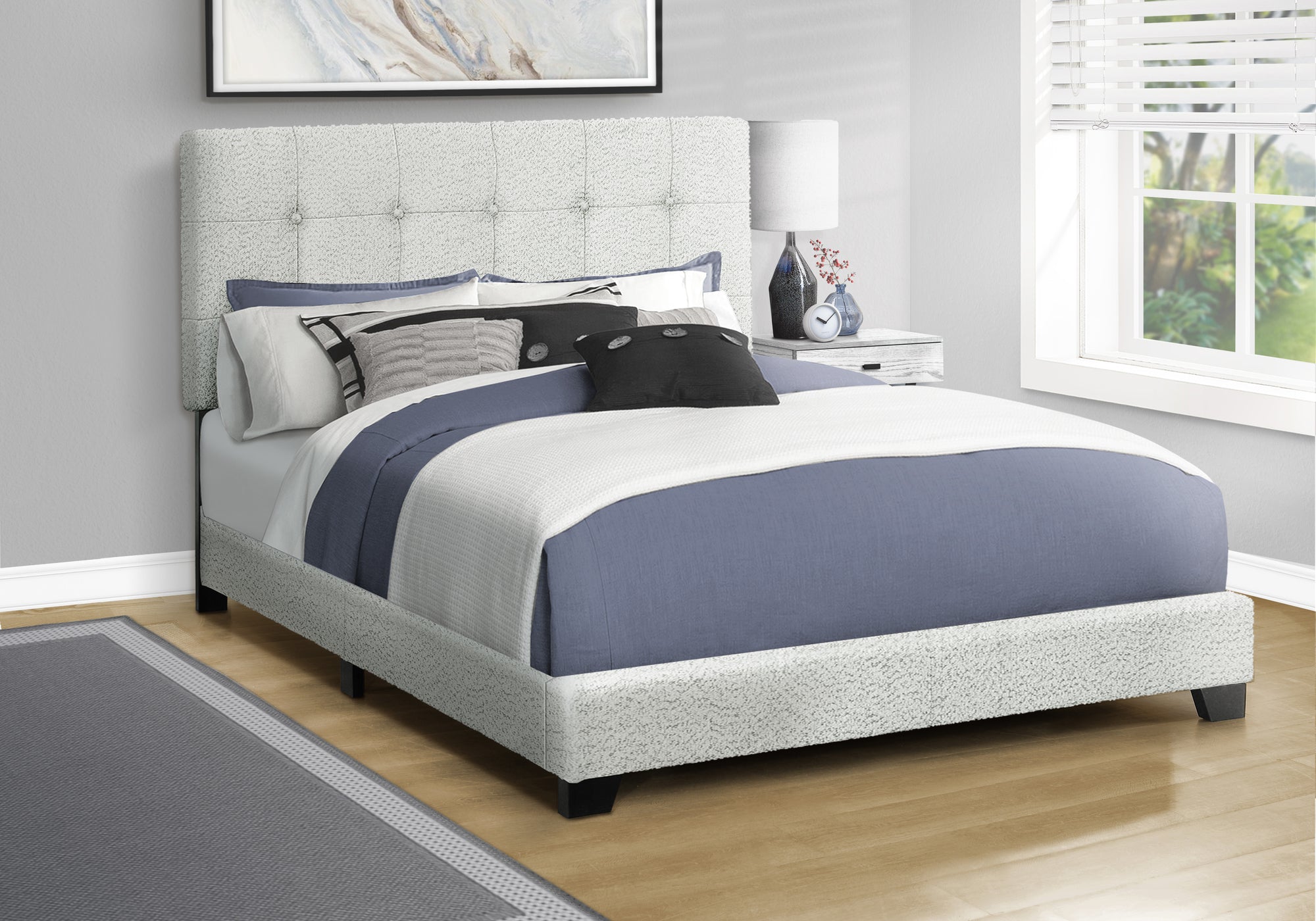 Queen Size Bed Frame, Light Grey Boucle Upholstered-Bed-DECOROLALA