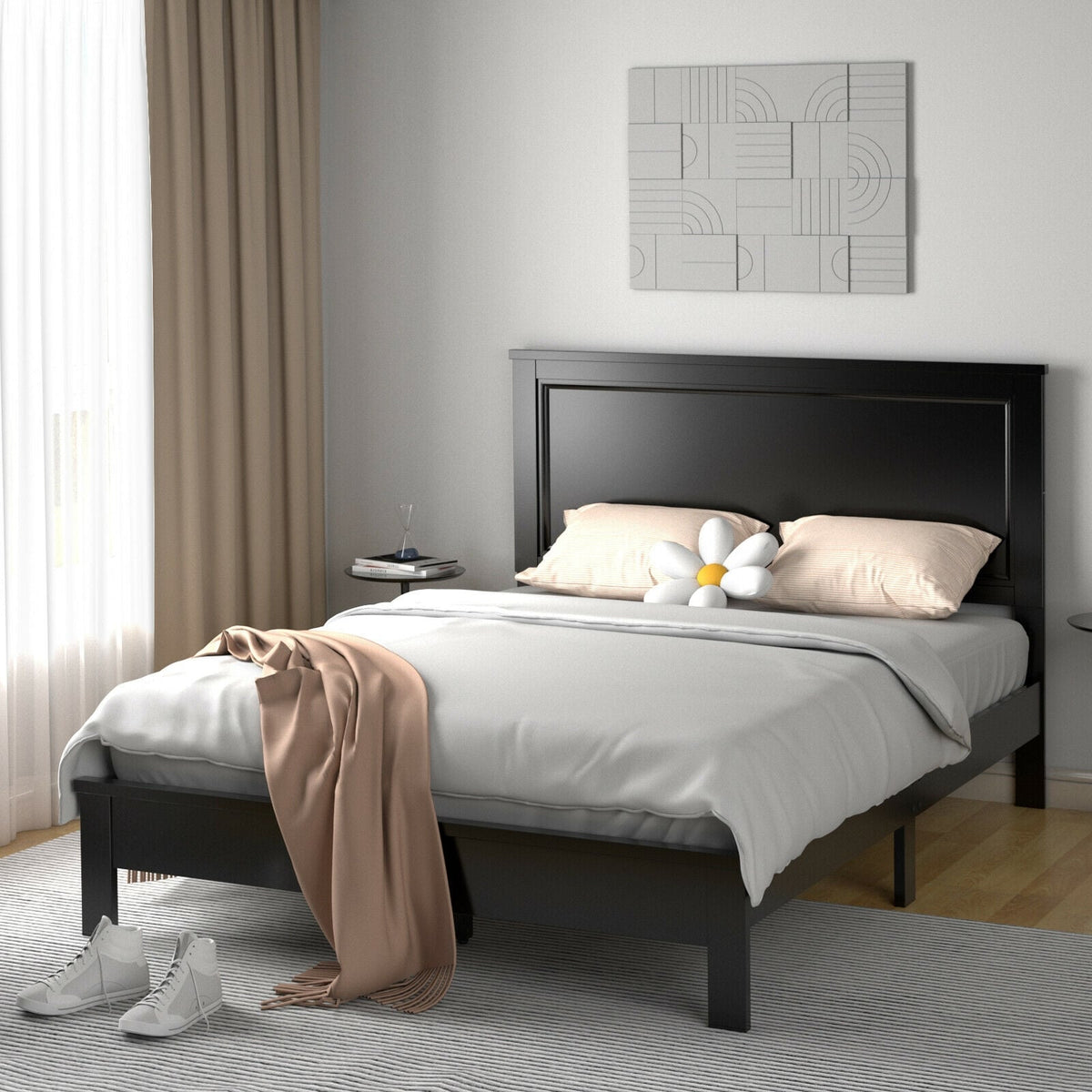 Queen Size Bed Frame Platform Slat High Headboard Bedroom with Rubber Wood Leg-Black-Simple Bed Frame-DECOROLALA