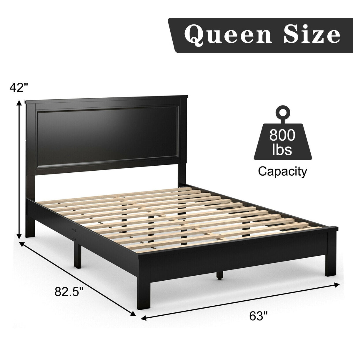 Queen Size Bed Frame Platform Slat High Headboard Bedroom with Rubber Wood Leg-Black-Simple Bed Frame-DECOROLALA
