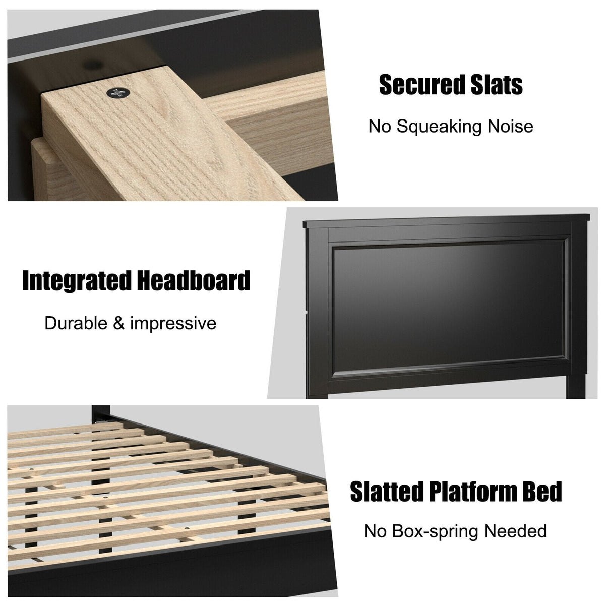 Queen Size Bed Frame Platform Slat High Headboard Bedroom with Rubber Wood Leg-Black-Simple Bed Frame-DECOROLALA