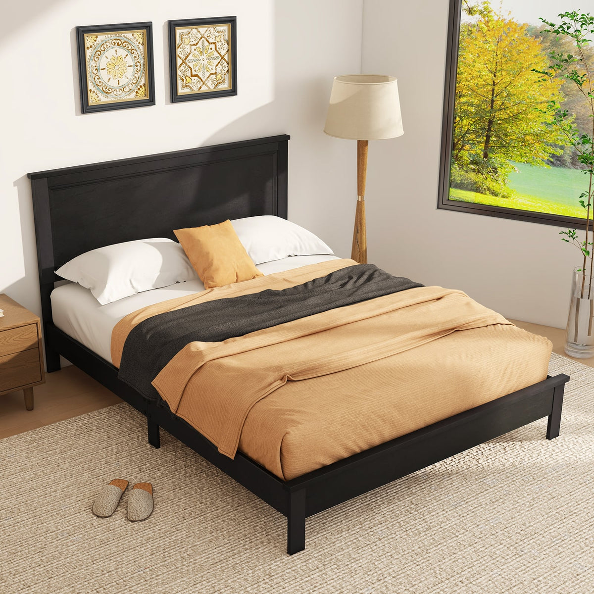 Queen Size Bed Frame Platform Slat High Headboard Bedroom with Rubber Wood Leg-Black-Simple Bed Frame-DECOROLALA