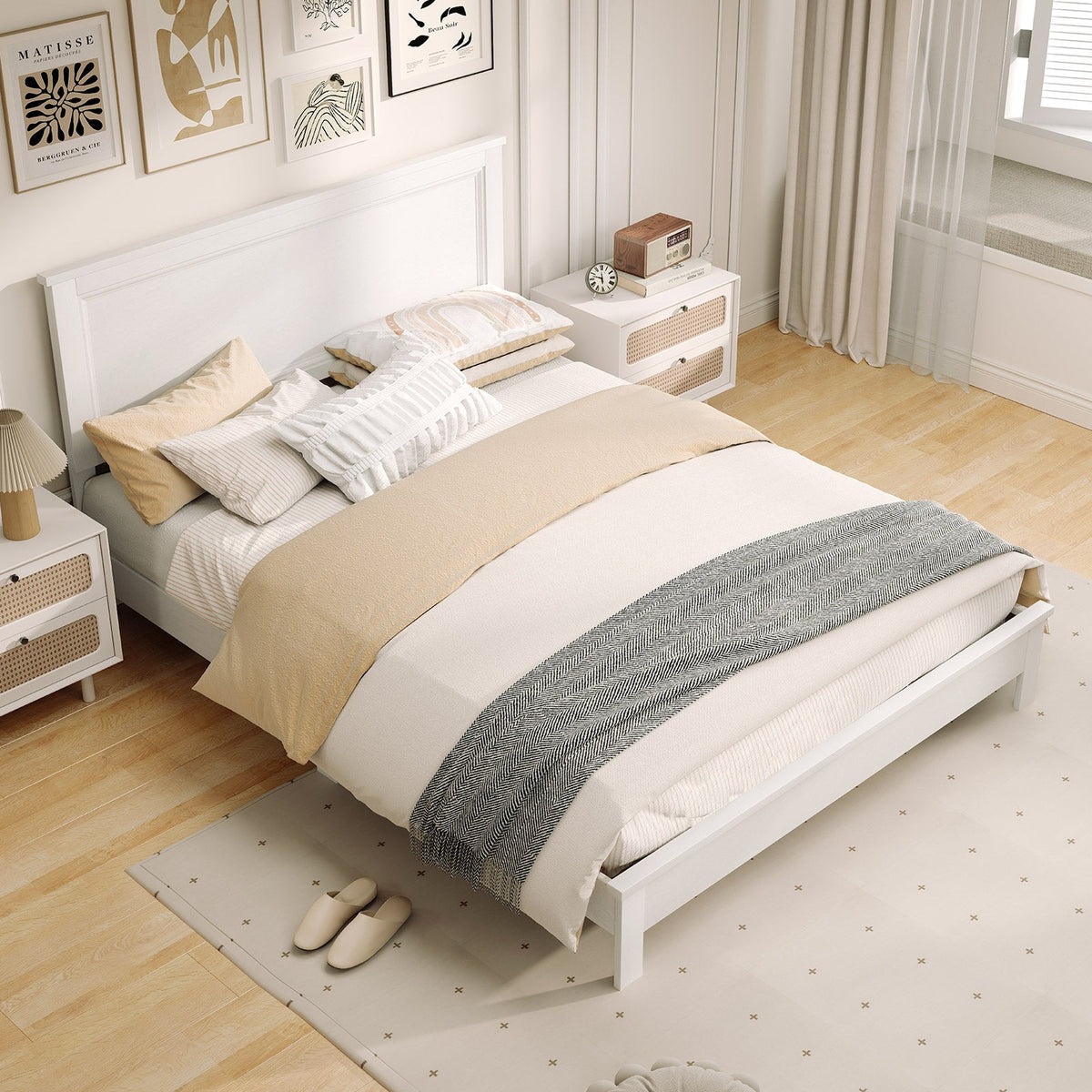 Queen Size Bed Frame Platform Slat High Headboard Bedroom with Rubber Wood Leg-Simple Bed Frame-DECOROLALA