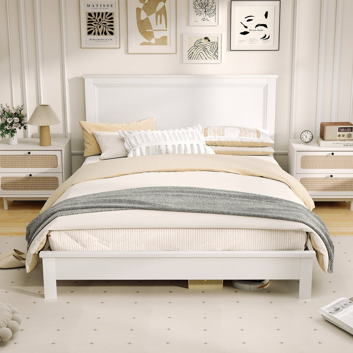 Queen Size Bed Frame Platform Slat High Headboard Bedroom with Rubber Wood Leg-Simple Bed Frame-DECOROLALA