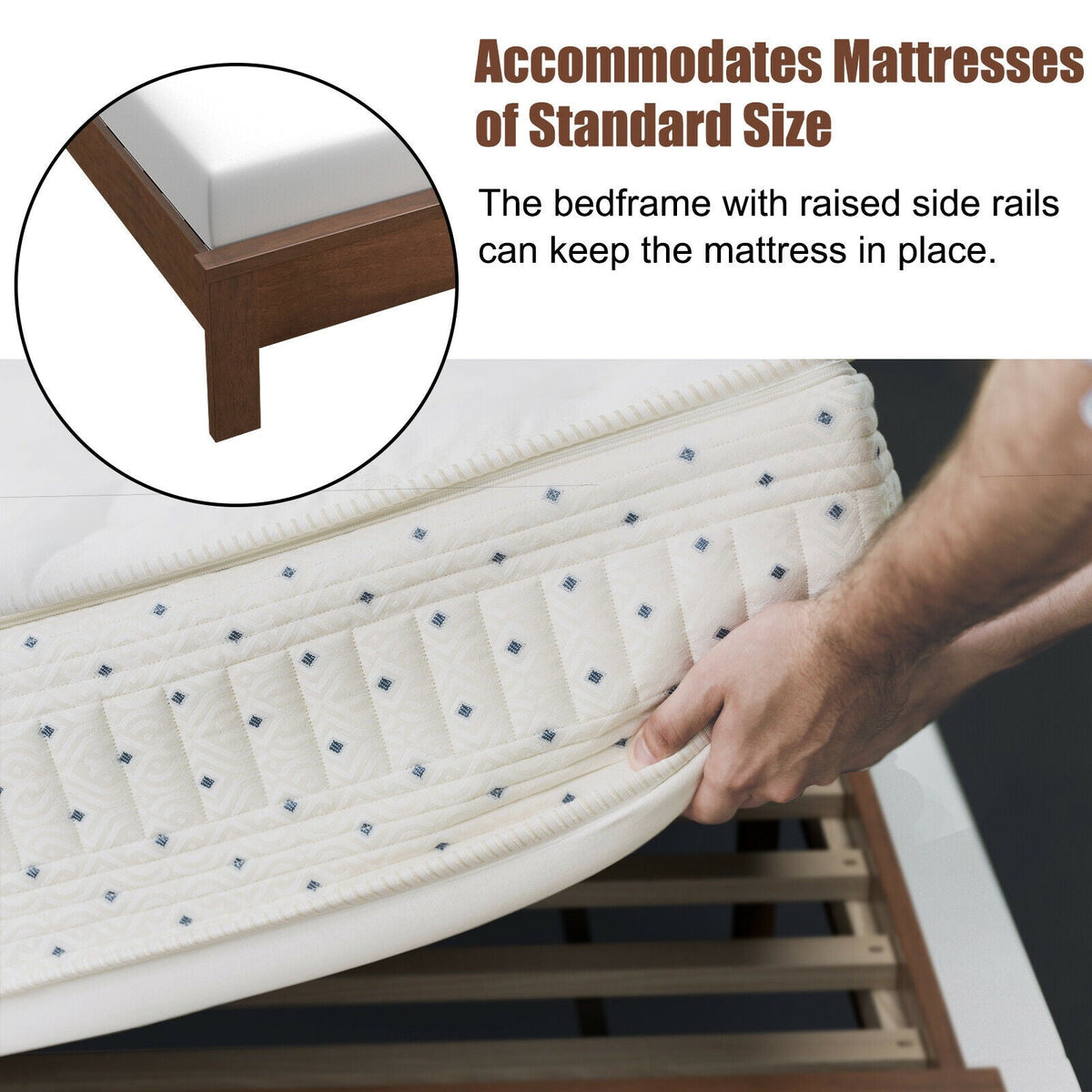 Queen Size Bed Frame Platform Slat High Headboard Bedroom with Rubber Wood Leg-Simple Bed Frame-DECOROLALA