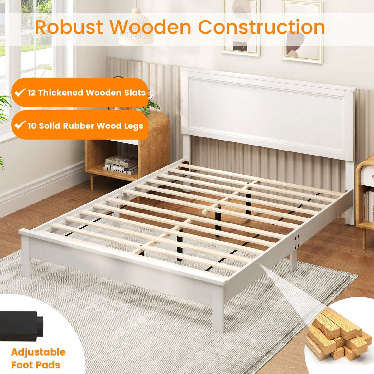 Queen Size Bed Frame Platform Slat High Headboard Bedroom with Rubber Wood Leg-Simple Bed Frame-DECOROLALA