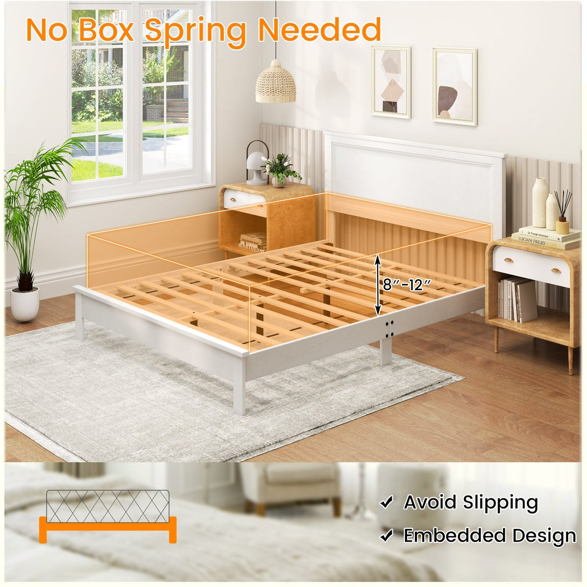 Queen Size Bed Frame Platform Slat High Headboard Bedroom with Rubber Wood Leg-Simple Bed Frame-DECOROLALA