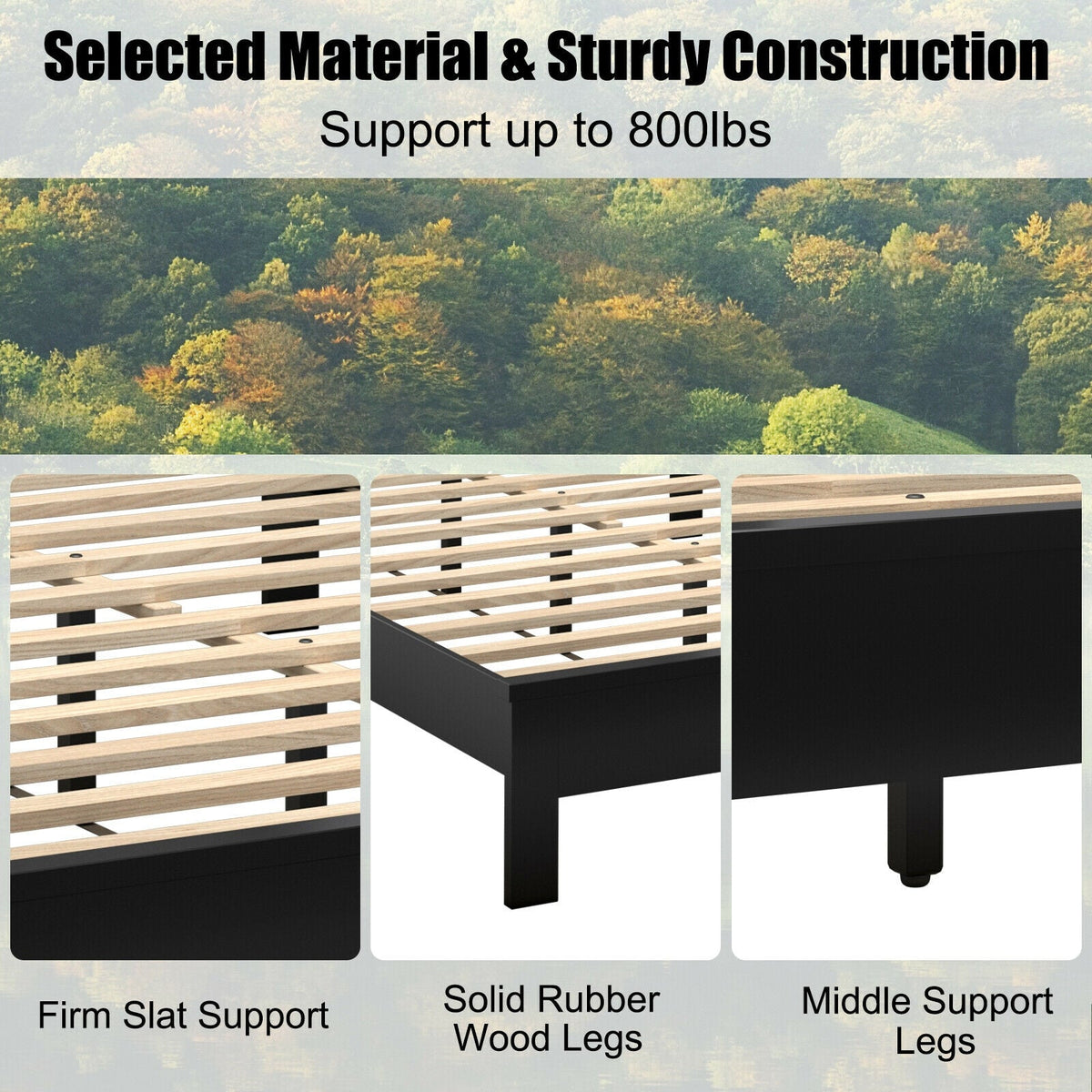 Queen Size Bed Frame Platform Slat High Headboard Bedroom with Rubber Wood Leg-Simple Bed Frame-DECOROLALA