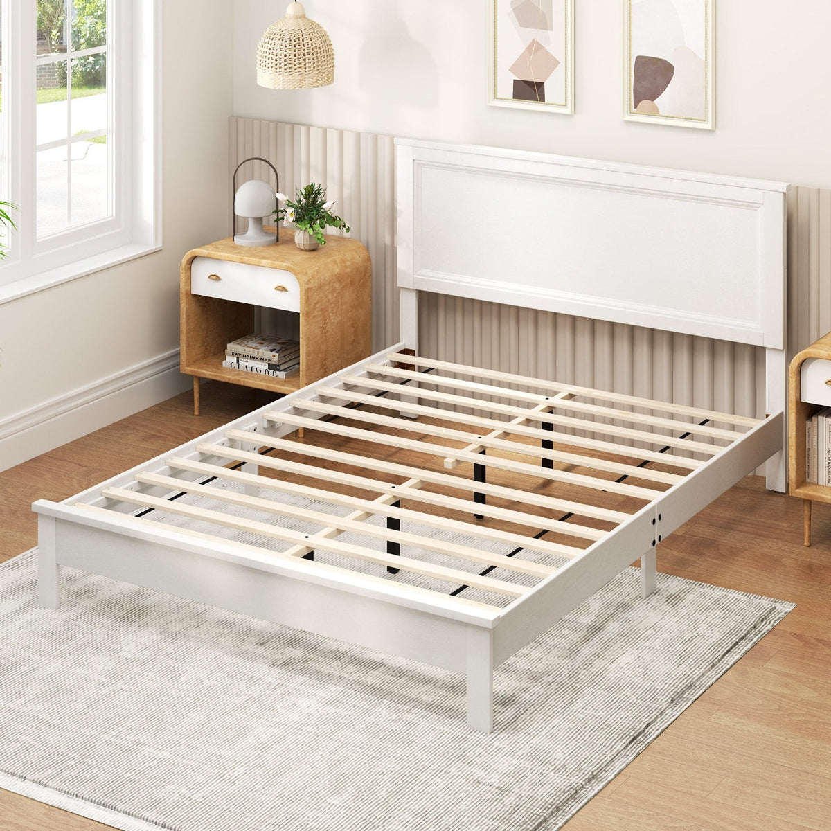 Queen Size Bed Frame Platform Slat High Headboard Bedroom with Rubber Wood Leg-Simple Bed Frame-DECOROLALA